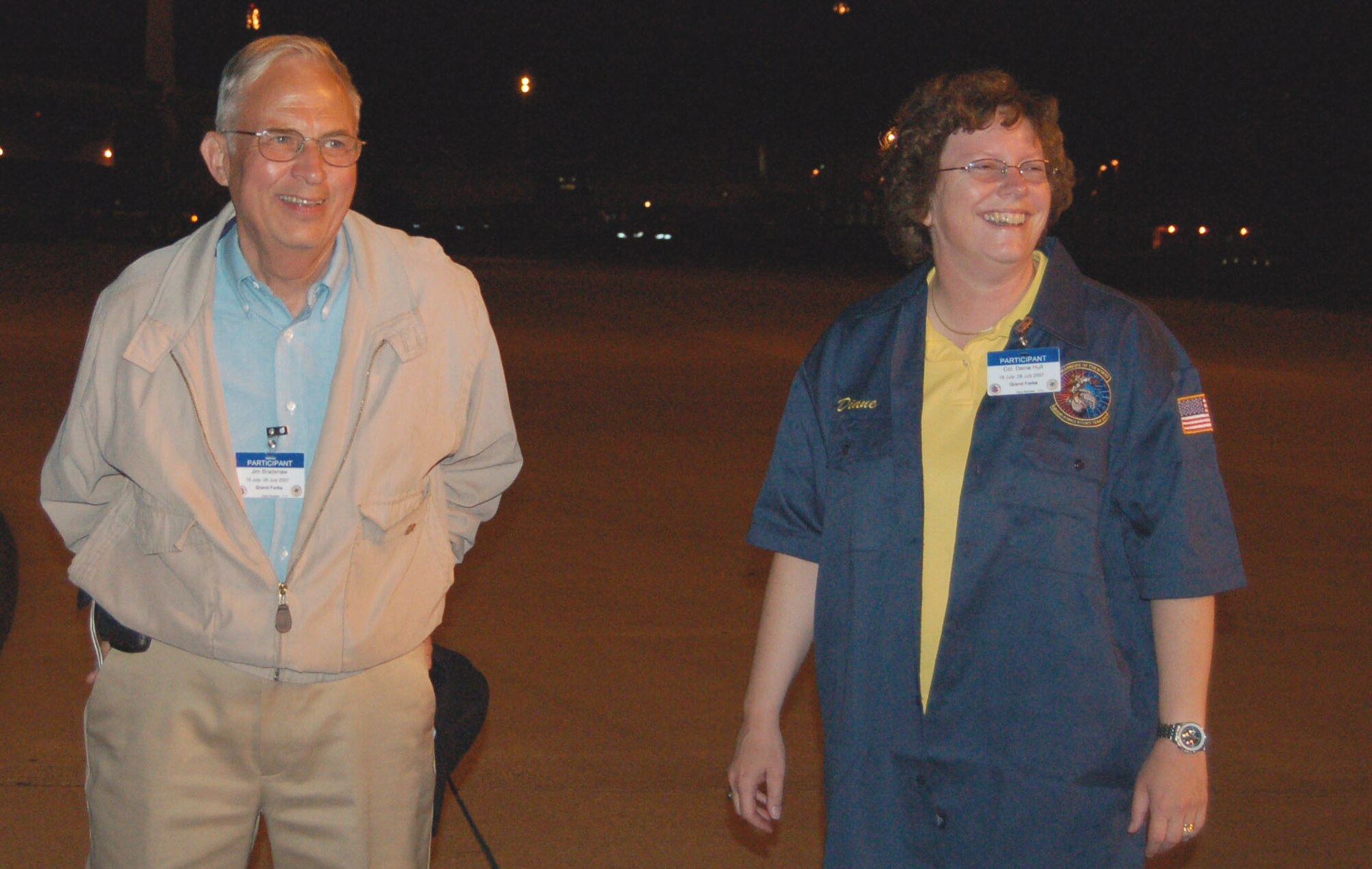 GRAND FORKS AIR FORCE BASE, N.D. - Col. Diane Hull, 319th Air Refueling Wing commander, stands next to Mr. Jim Bradshaw during the 2007 Air Mobility Command RODEO. Mr. Bradshaw is one of the community leaders who help foster good relationships between the wing and the Grand Cities. (U.S. Air Force photo/Staff Sgt. Amanda Callahan)