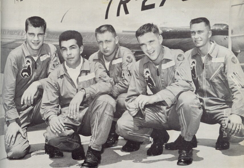 Lieutenant Earnest A. Boehler Jr. poses with his students from Class 57-C.  (Left to right) are 2nd Lt. Donald J. Holtz, 2nd Lt. Hugo E. Quiroga (Chile), Lieutenant Boehler, 2nd Lt. Richard A. Denay and 2nd Lt. Billy J. Cobb.  Most students remember Lieutenant Boehler’s first word upon meeting was “sit!” (U.S. Air Force photo) 