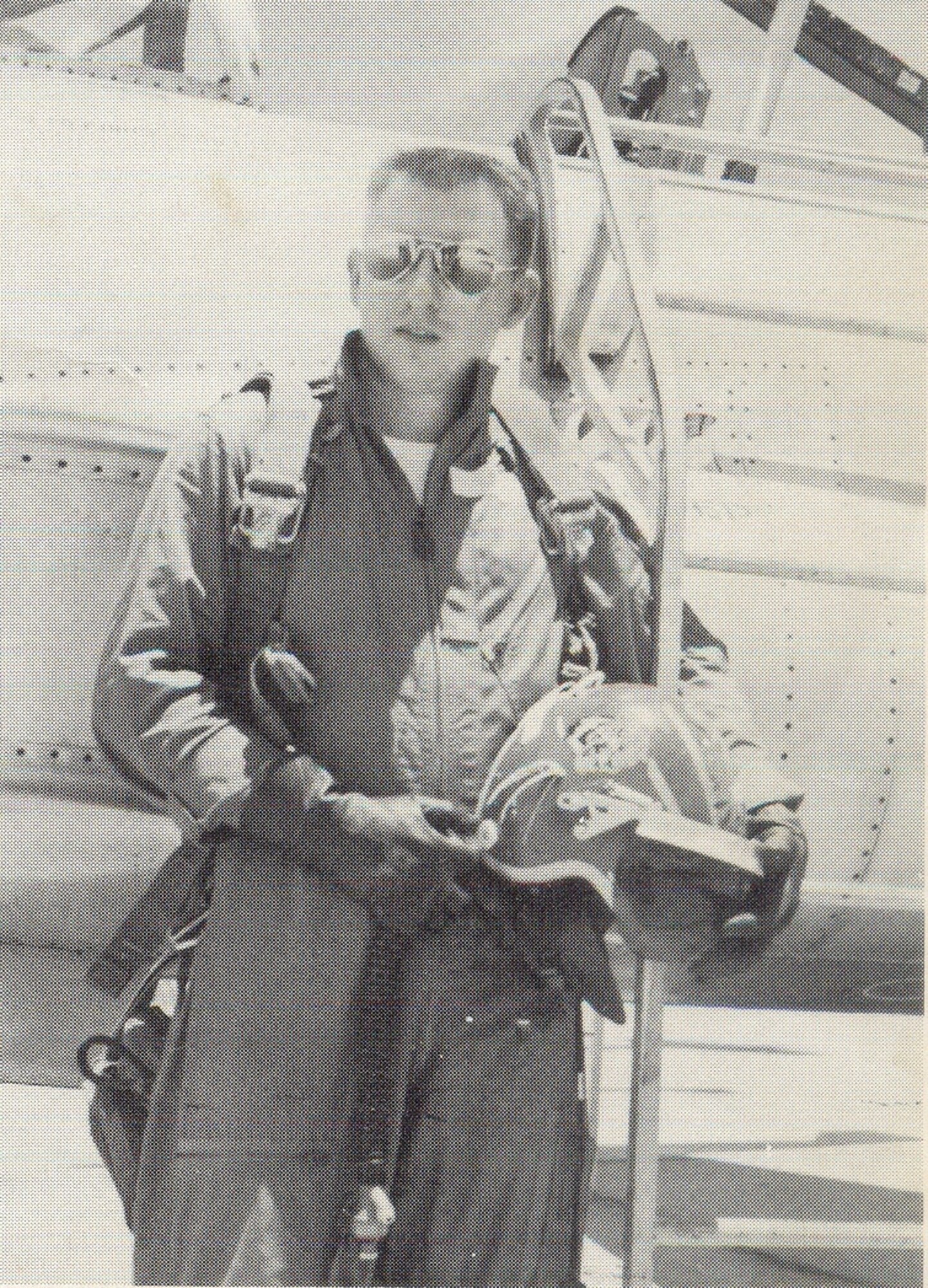 Second Lieutenant Earnest A. Boehler Jr., T-33 instructor with Golf Flight, 3645th Pilot Training Squadron, stands by his aircraft at Laughlin Air Force Base, Texas, in 1956.  (U.S. Air Force photo) 