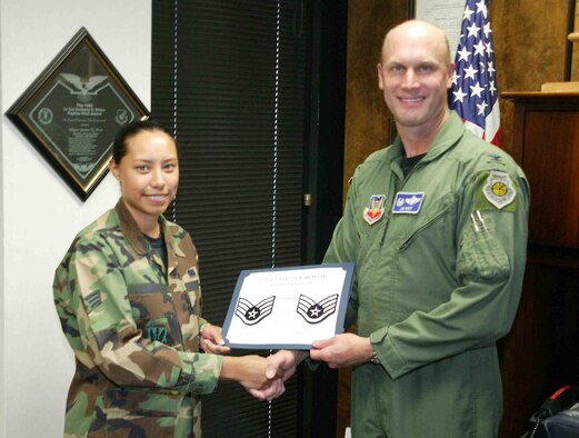 SHAW AIR FORCE BASE, S.C. -- Col. James Post, 20th Fighter Wing commander, congratulates (Staff) Sgt. Vanessa Duarte, 20th FW command chief assistant, for her promotion selection Aug. 15. The Air Force has selected 15,130 of 36,608 eligible senior airmen for promotion to staff sergeant, which is a 41.33 percent selection rate. The staff sergeant selection rate rose 5.46 percent from last year. (U.S. Air Force photo/Senior Airman John Gordinier)