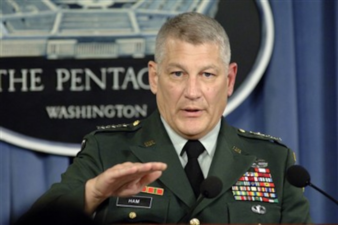 Joint Staff Director for Operations Lt. Gen. Carter Ham, U.S. Army, briefs reporters in the Pentagon on current U.S. military operations around the world on August 16, 2007.  Ham pointed out that there are military teams assisting at the Minneapolis bridge collapse, the Utah coal mine cave-in and the navy medical ship USNS Comfort is currently conducting humanitarian medical operations in Ecuador.  