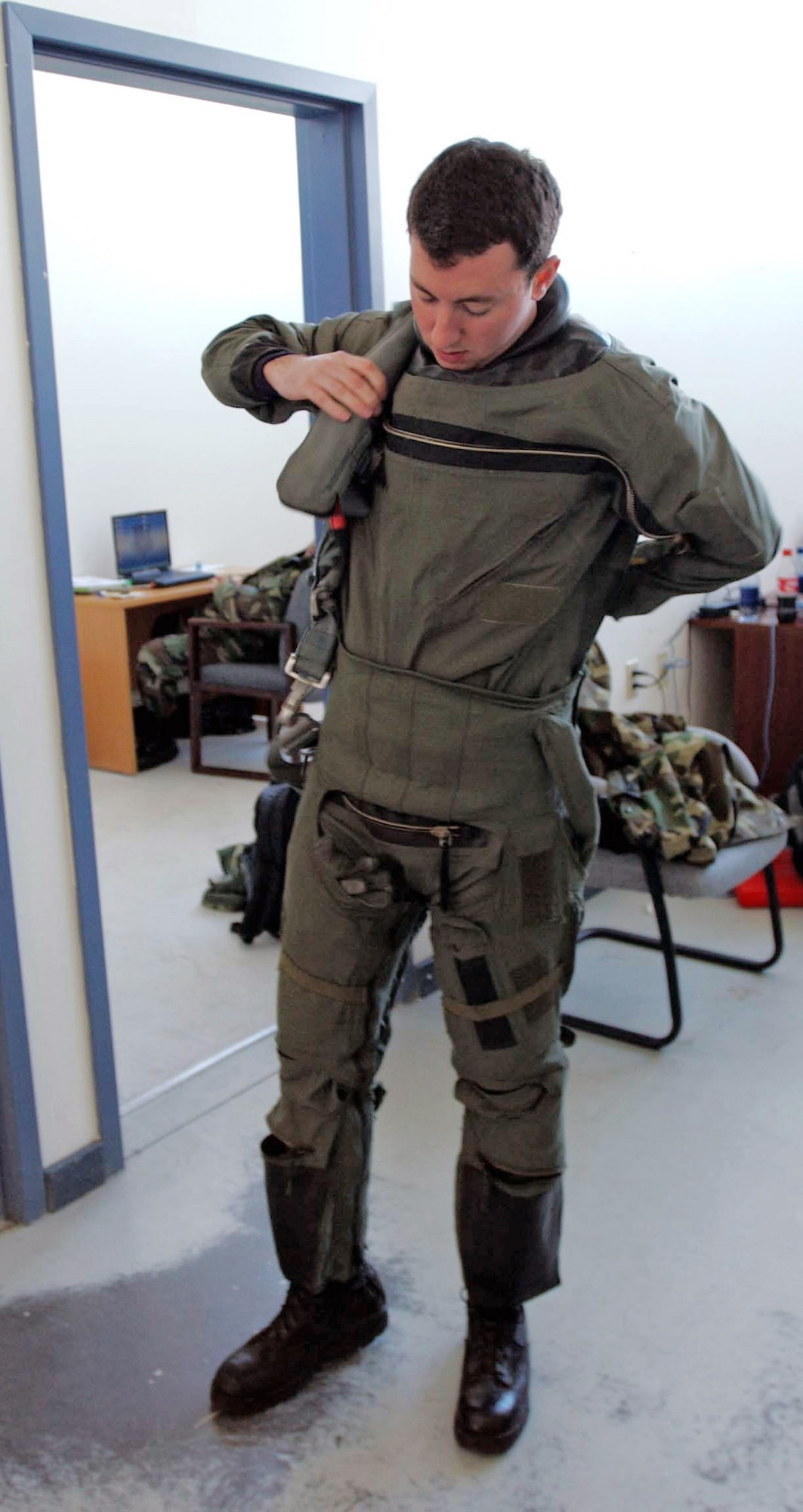 Capt. David Brill readies himself to fly in support of Northern Viking Aug. 16 at Keflavik Airport, Iceland. Royal Air Force Lakenheath, England, sent three F-15 Eagles to support the Icelandic air defense exercise. Captain Brill is a 493rd Fighter Squadron pilot  from RAF Lakenheath. (U.S. Air Force photo/Tech. Sgt. J. LaVoie) 

