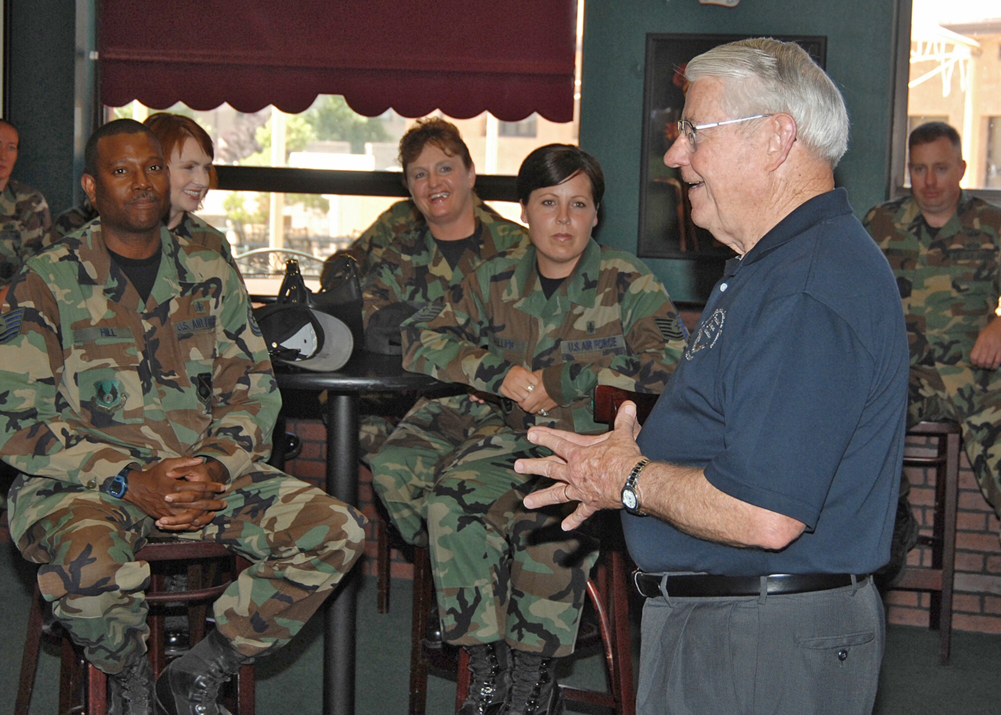 Retired Chief Master Sgt. of the Air Force Bob Gaylor made a visit to the Mountain View Pub to meet with inductees for a pep talk about pride of entering the senior noncommissioned officer corps. U.S. Air Force photo by Todd Berenger
