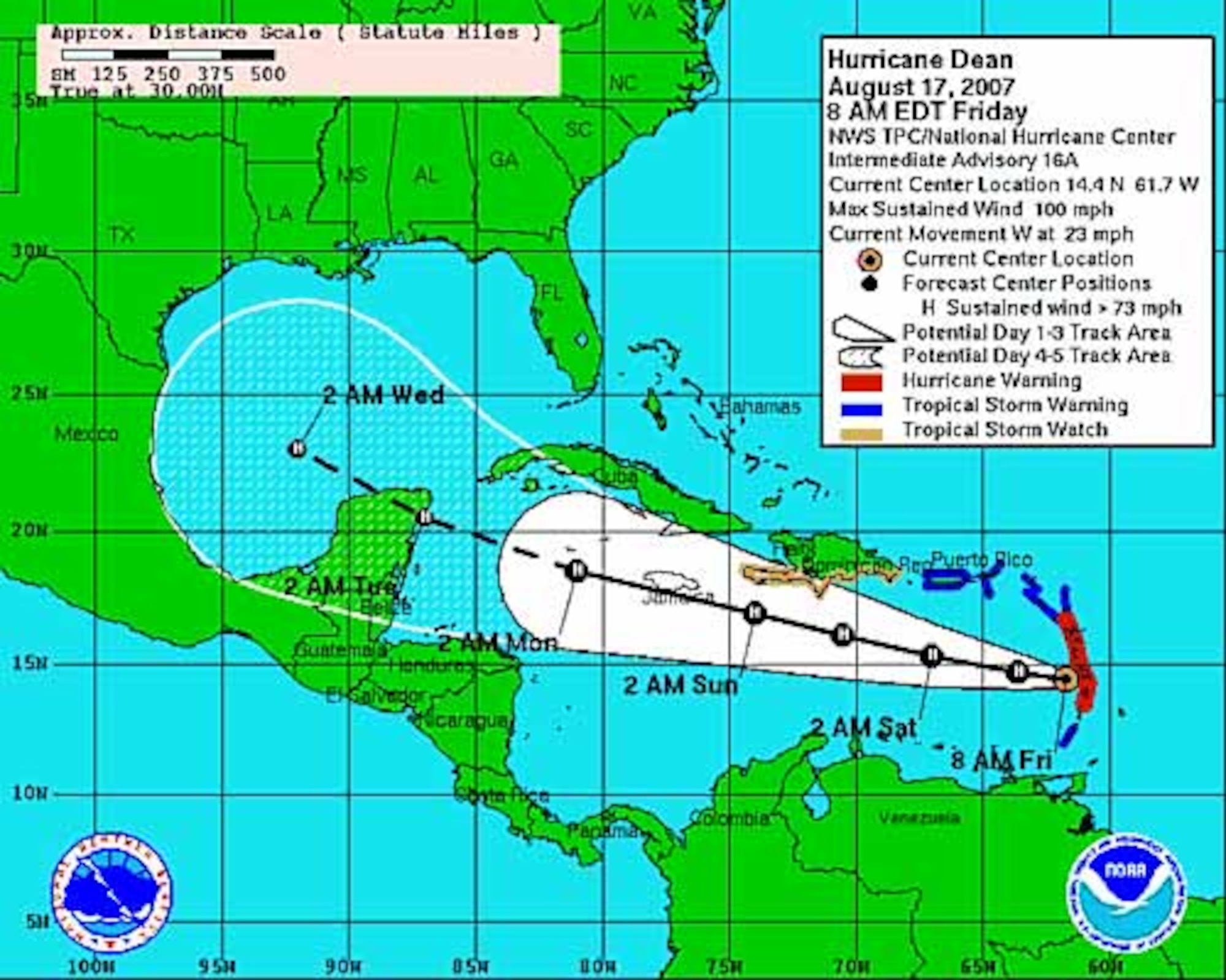 The projected path of Hurricane Dennis as of Aug. 17. For the most current storm track and projected path, visit www.noaa.gov. (Graphic courtesy of the National Oceanic & Atmospheric Administration)