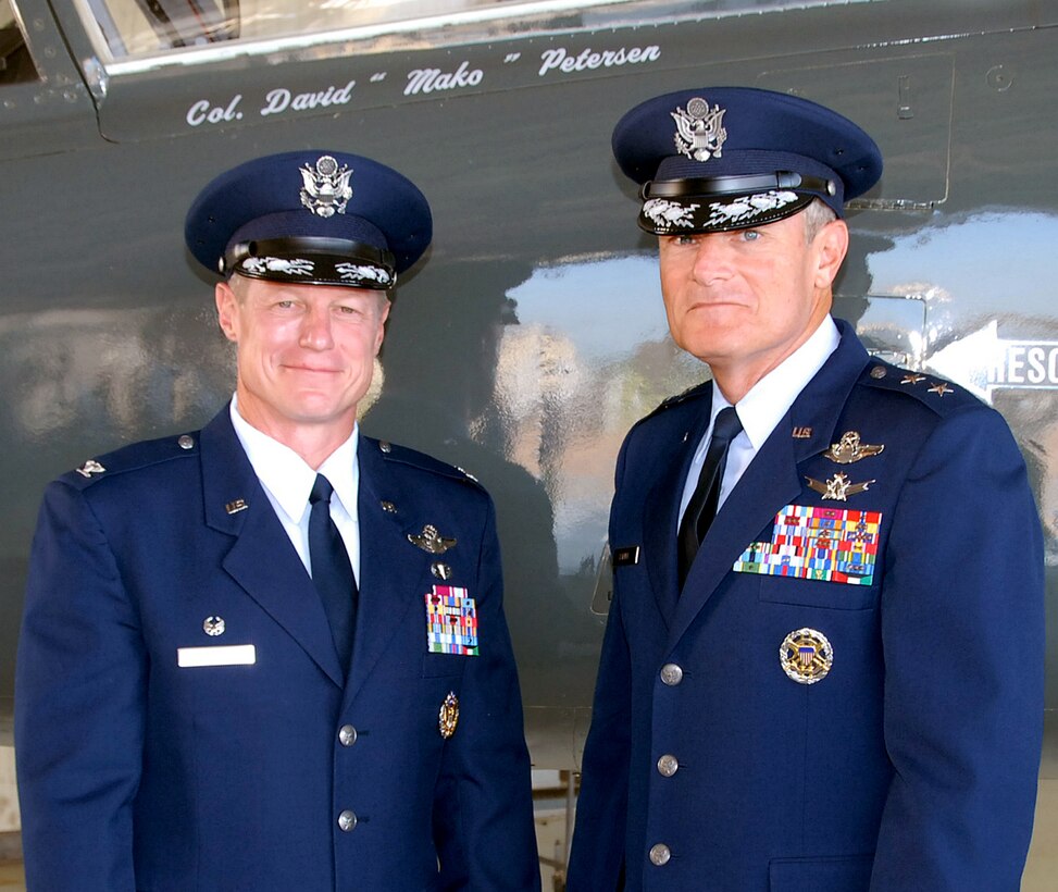 Col. David "Mako" Petersen (left,) with Maj. Gen. Irving Halter Jr., 19th Air Force commander, at the 80th Flying Training Wing change of command ceremony.  Colonel Petersen is the new 80th FTW commander. (U.S. Air Force photo/Mike Litteken)
