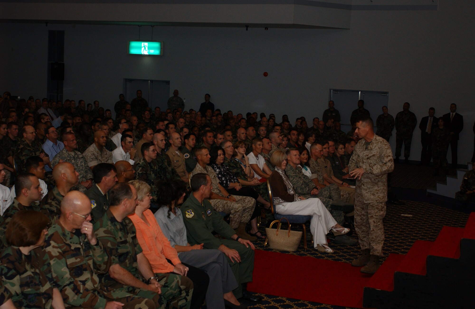 YOKOTA AIR BASE, JAPAN - General Peter Pace, Chairman of the Joint Chiefs of Staff, answers questions from service members stationed at various bases in Japan during a Yokota Air Base Town Hall meeting on August 17, 2007.(U.S. Air Force photo by Airman First Class Jonathan Fowler)