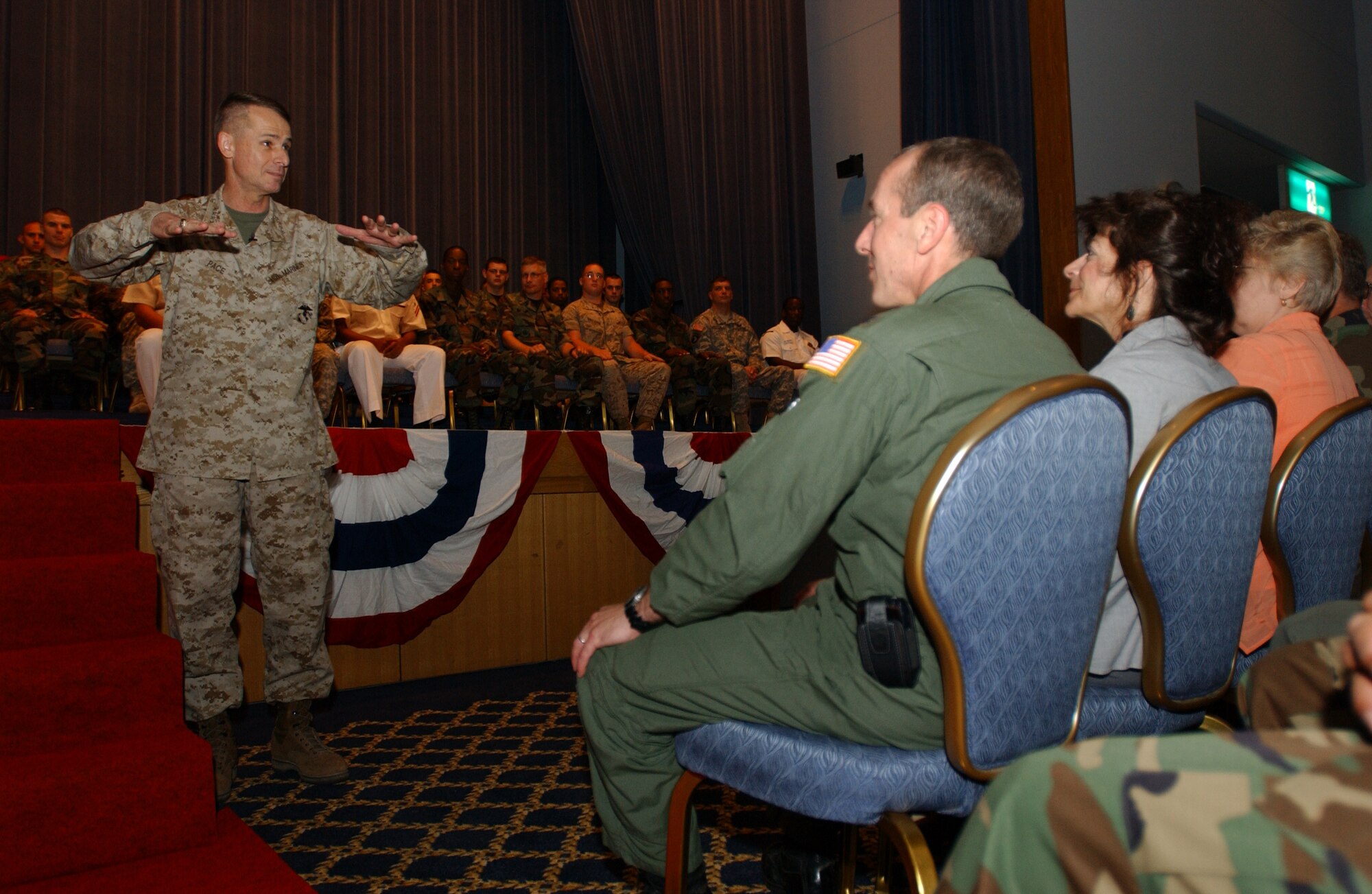 YOKOTA AIR BASE, JAPAN - General Peter Pace, Chairman of the Joint Chiefs of Staff, answers questions from service members stationed at various bases in Japan during a Yokota Air Base Town Hall meeting on August 17, 2007.(U.S. Air Force photo by Airman First Class Jonathan Fowler)(not released)