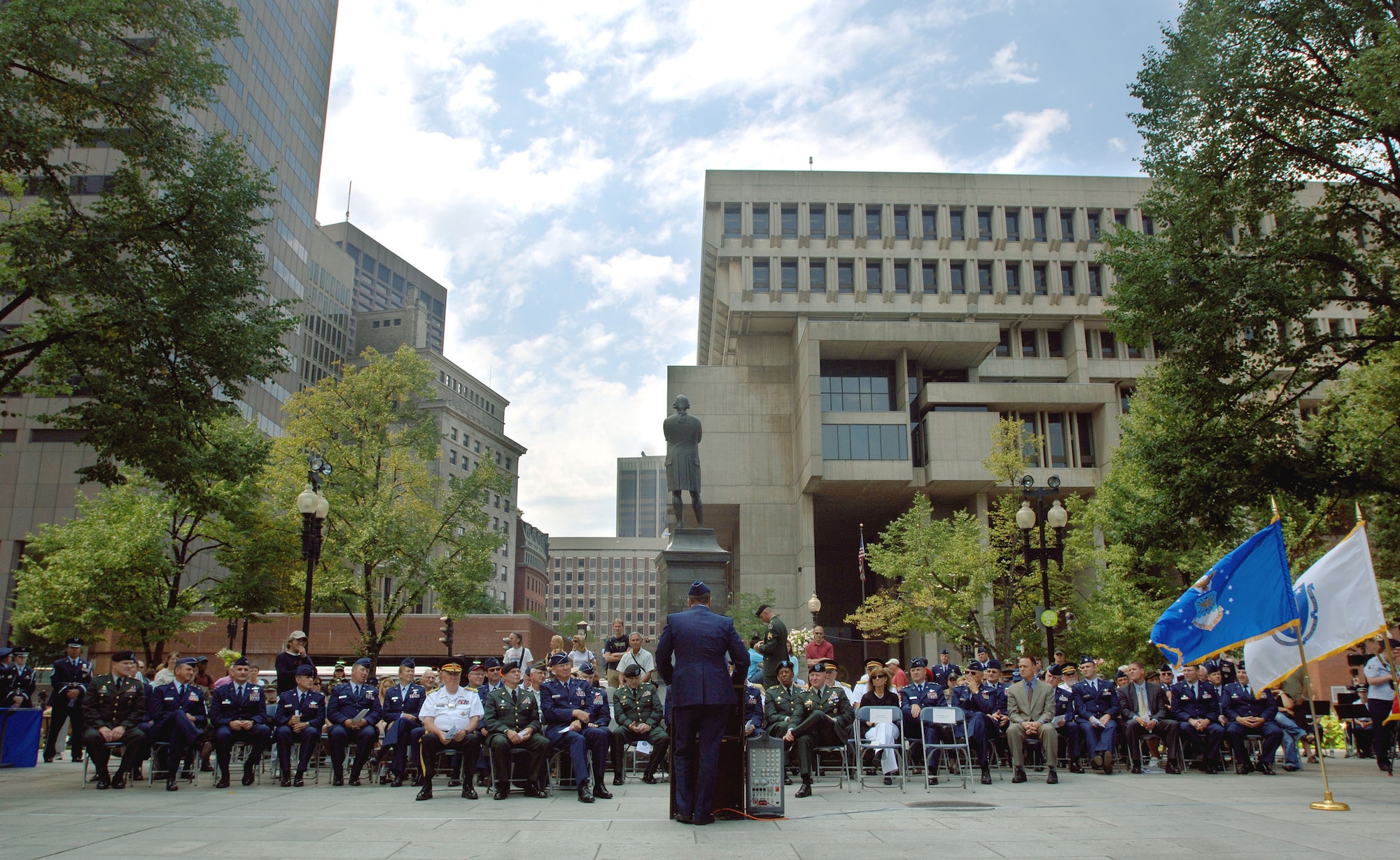 The Massachusetts governor's office and U.S. Air Force officials announced Air Force Week New England during a proclamation ceremony in front of historic Faneuil Hall in downtown Boston Aug. 17. (U.S. Air Force photo/Staff Sgt. Bennie J. Davis III)
