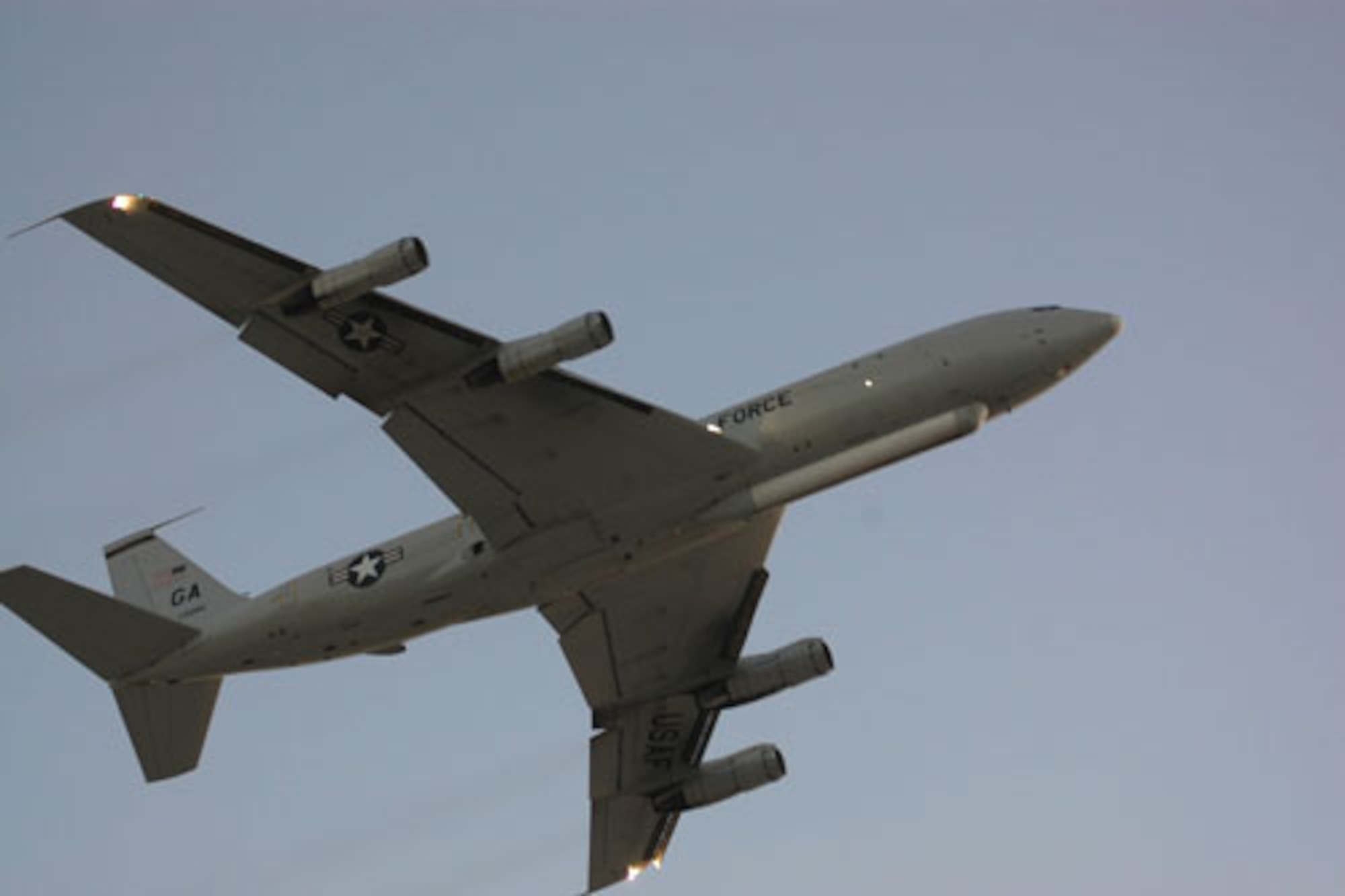 An E-6B Joint Surveillance Target Attack Radar System, or JSTARS, takes to the skies, embarking on another mission into the area of responsibility. JSTARS is an airborne battle management, command and control, intelligence, surveillance and reconnaissance platform. Its primary mission is to provide theater ground and air commanders with ground surveillance to support attack operations and targeting that contributes to the delay, disruption and destruction of enemy forces. (U.S. Air Force photo/Senior Airman Clark Staehle)
