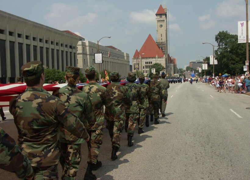 932nd Airlift Wing marches toward Union Station in Saint Louis.