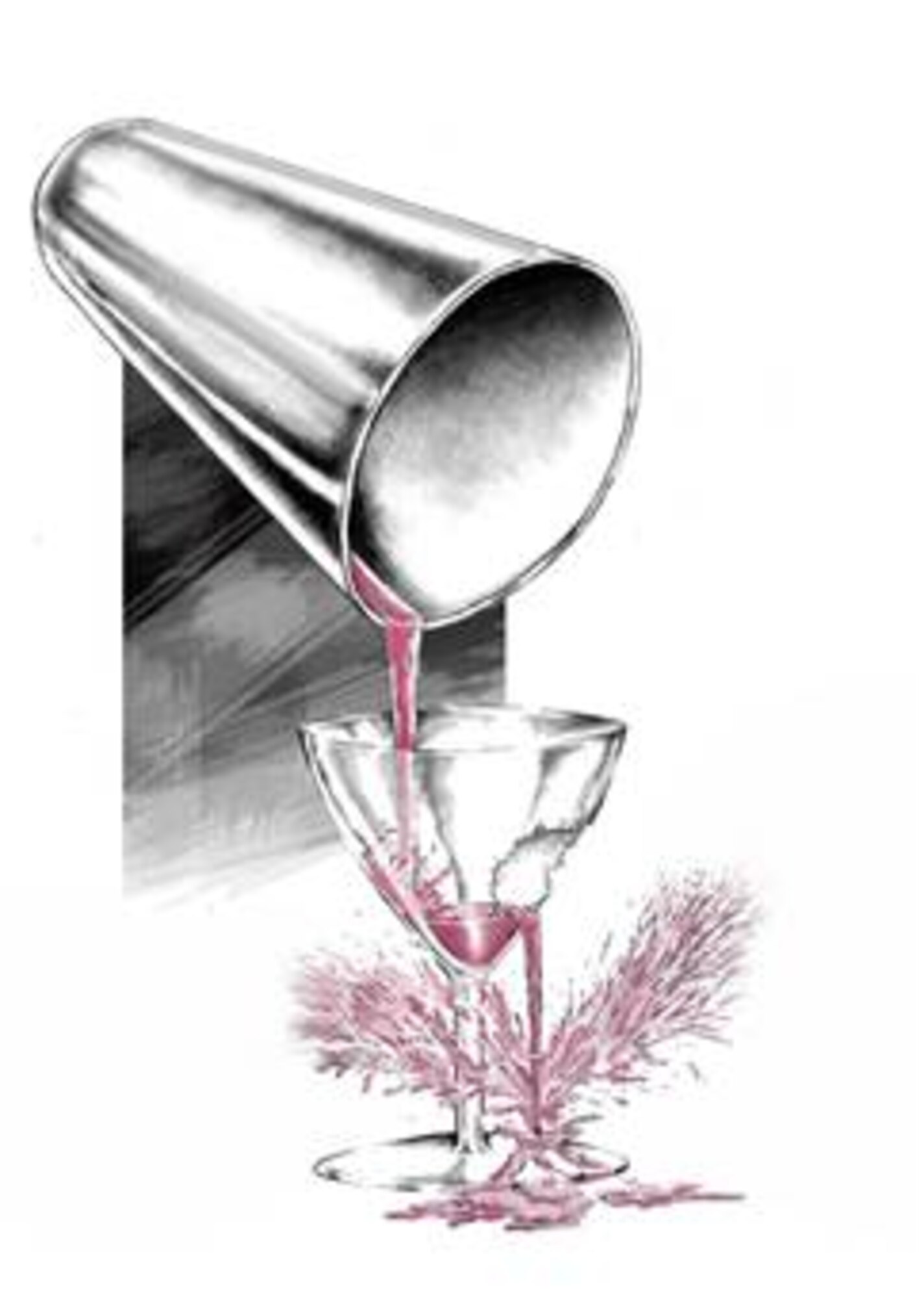 A Mom's Misery - A martini shaker pouring alcohol into a broken glass with the alcohol splattering out, illustrating the consequences of DUI in this story. (composite illustration by Sammie W. King)