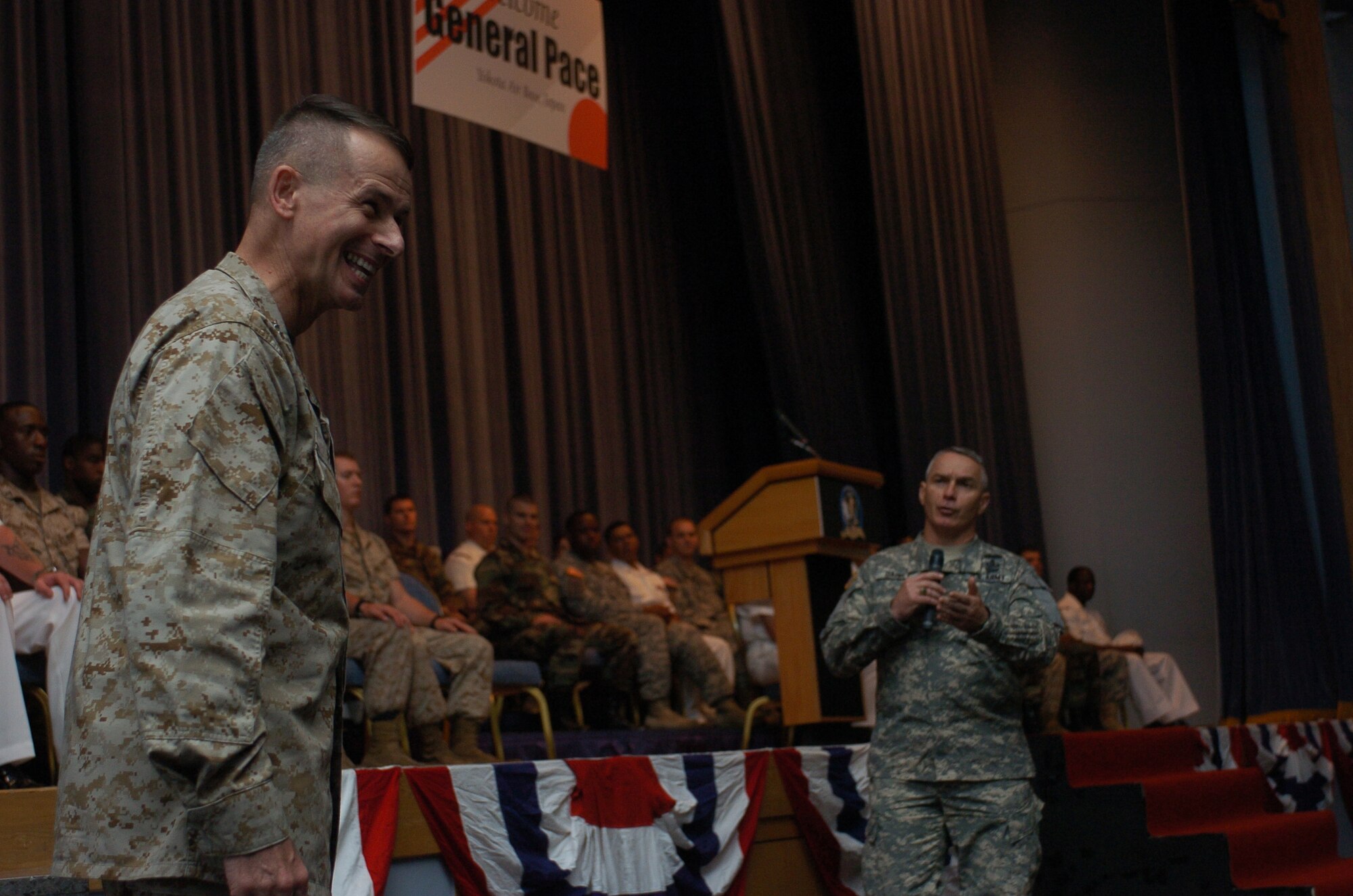 YOKOTA, Japan--Sergeant Major (SGM) William J. Gainey, the Senior Enlisted Advisor to the Chairman of the Joint Chiefs of Staff (SEAC), assisted General Peter Pace, Chairman of the Joint Chiefs of Staff, answer Department of Defense (DOD) related questions from service members stationed all around Japan during a Town hall meeting held at Yokota Air Base, Japan on 17 August 2007. (USAF Photo by Amn Leandra D. Hernandez) NOT RELEASED