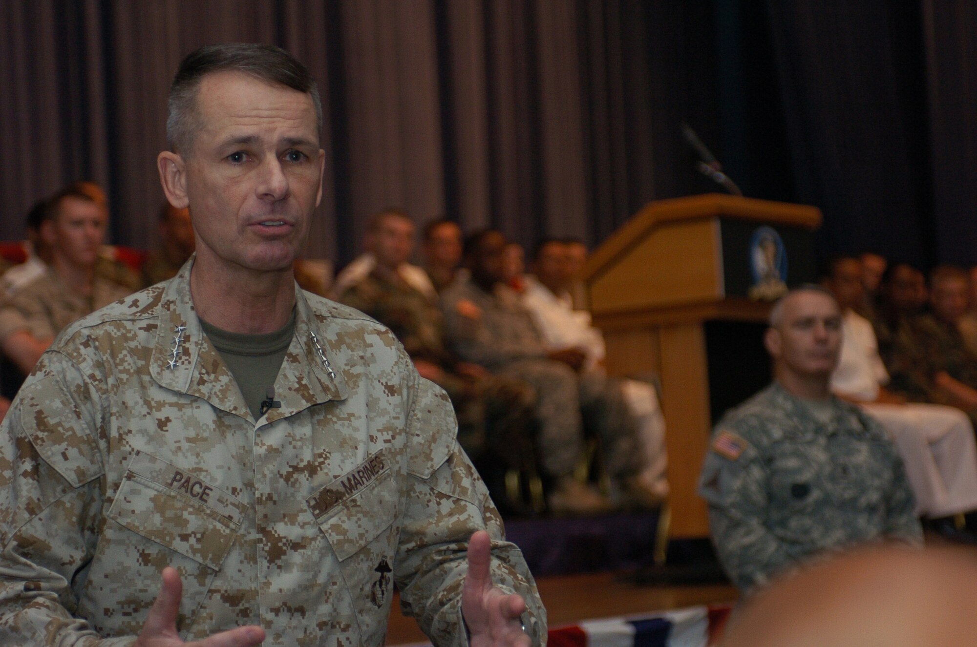 YOKOTA Air Base, Japan--General Peter Pace, Chairman of the Joint Chiefs of Staff, answered service members questions during a Town hall meeting held at Yokota Air Base, Japan on 17 August 2007. Service members from all around Japan came to hear General Pace respond to various Department of Defense related questions. (USAF Photo by Amn Leandra D. Hernandez) NOT RELEASED
Department of Defense (DOD) 