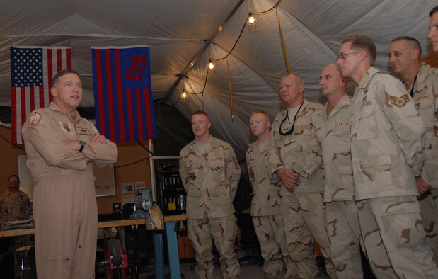 Lt. Gen. Gary North, U.S. Central Command Air Forces commander and 9th Air Force commander, visits with Airmen of the 71st Expeditionary Air Control Squadron. During his visit, General North discussed the importance of their mission to the Global War on Terrorism.  (U.S. Air Force photo by Airman 1st Class Ashley Tyler)