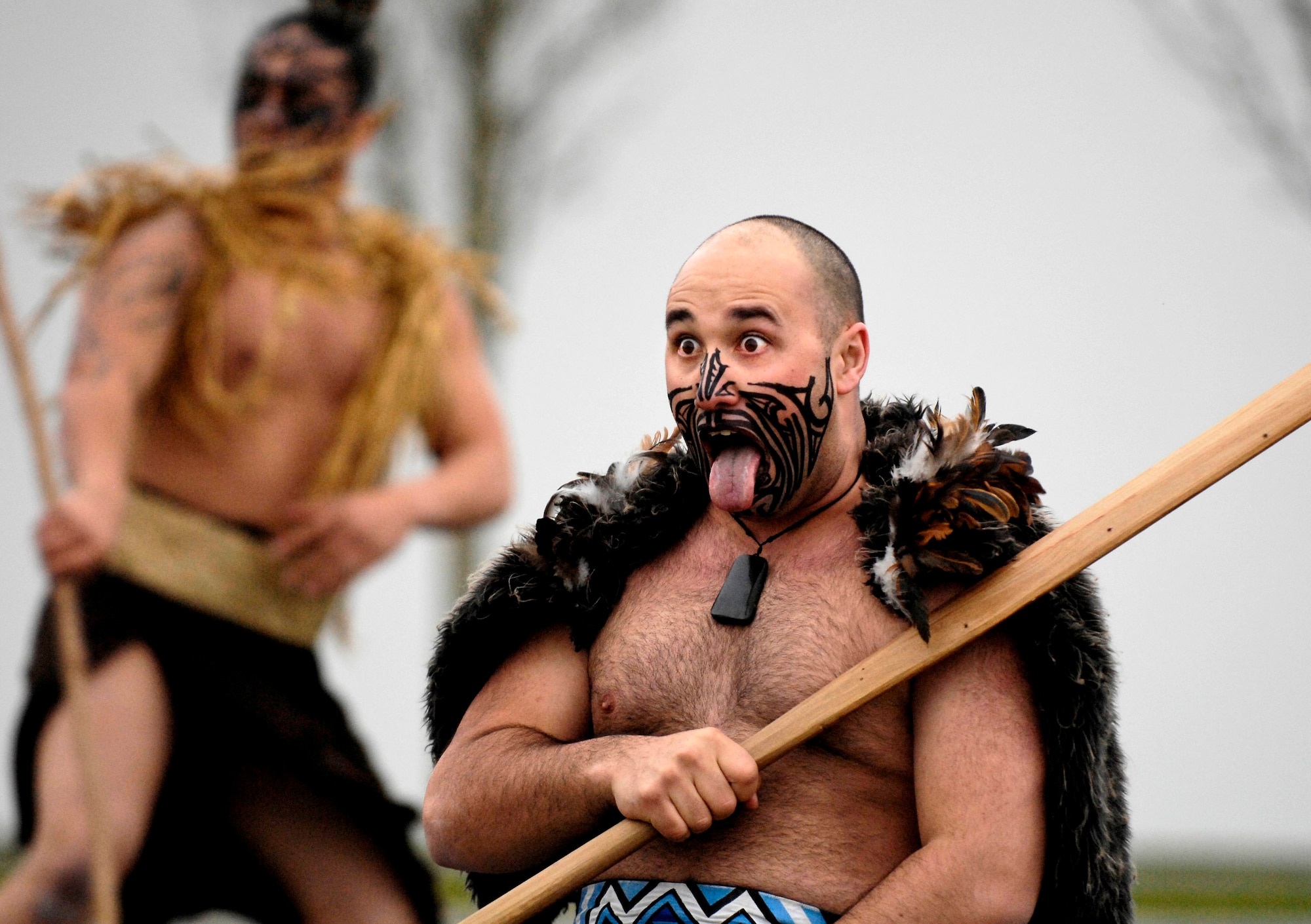 Maori warriors perform a Powhiri, or traditional welcoming ceremony, Aug. 18 for Airmen who just arrived at Christchurch, New Zealand.  The Airmen, from McChord Air Force Base, Wash., are at Christchurch to begin the annual winter fly-in, known as WinFly.  During these flights, aircrews transport scientists, support personnel, food and equipment for the U.S. Antarctic program at McMurdo Station, Antarctica. WinFly is the opening of the first flights to McMurdo station, which closed for the austral winter in February. (U.S. Air Force photo/Tech. Sgt. Shane A. Cuomo) 