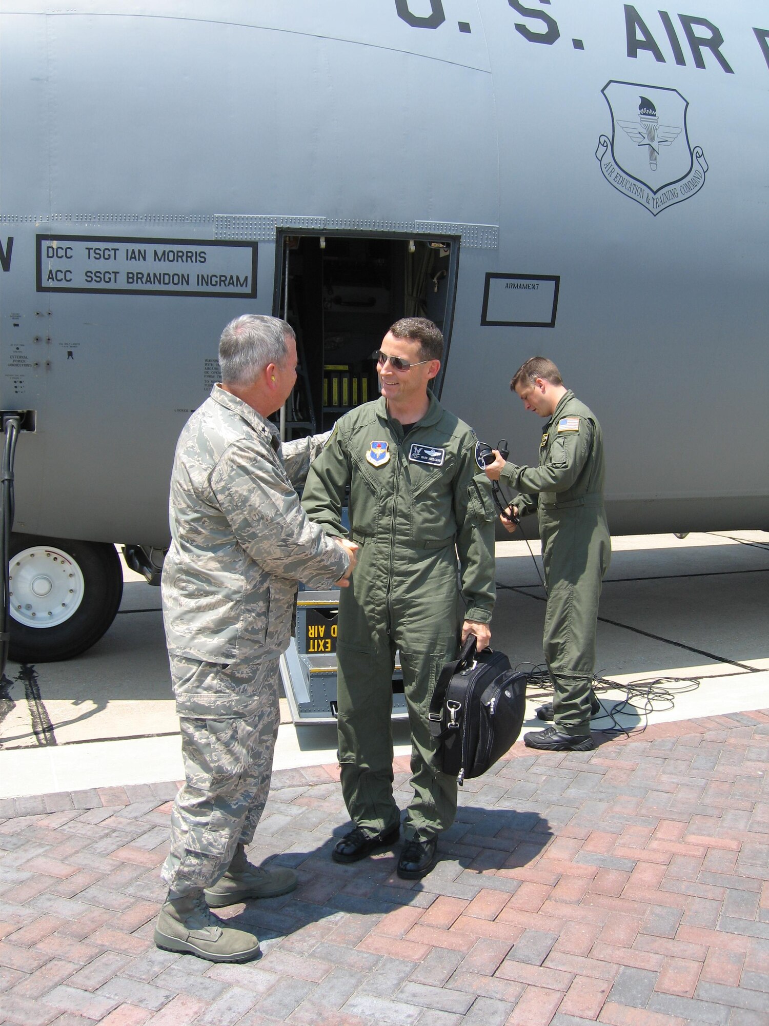 Brig. Gen. Paul Capasso, 81st Training Wing commander, welcomes Col. Ward Juedeman, Air Education and Training Command Inspector General chief inspector, to Keesler Sunday.  More than 100 inspectors will inspect the base during the coming week. (U.S. Air Force photo by 1st Lt. Lisa L. Kostellic)