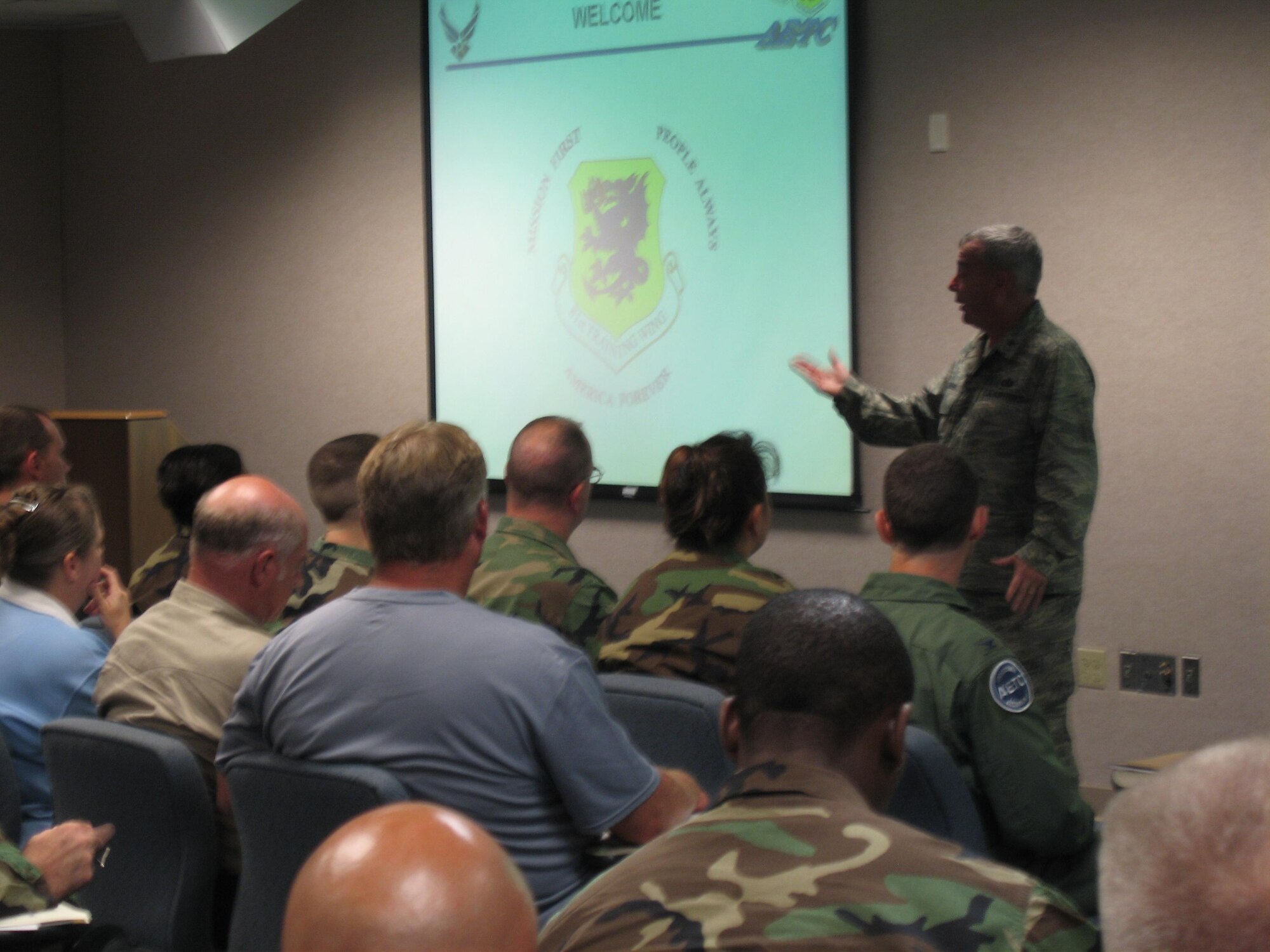 Brig. Gen. Paul Capasso, 81st Training Wing commander, welcomes the Air Education and Training Command Inspector General's 100+ member team to Keesler during an inspection pre-brief Sunday.  