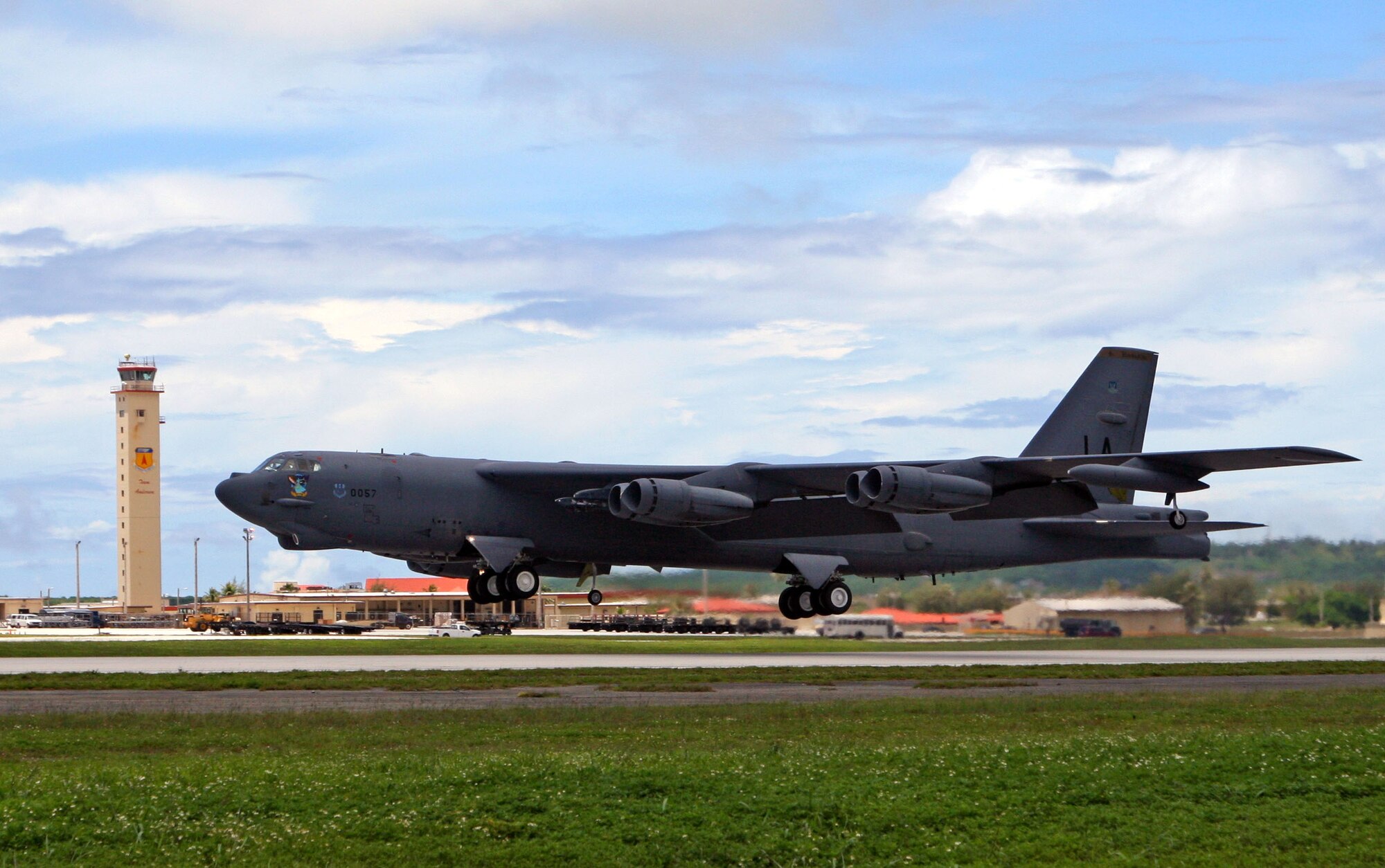 A B-52 Stratofortress takes off from Andersen Air Force Base, Guam to participate in an exercise scenario.  The aircraft, aircrew and maintenance personnel are deployed from Barksdale AFB, La., as part of the continuous bomber presence in the Pacific region. During their deployment here, the bomber squadron's participation in exercises will emphasize the U.S. bomber presence, demonstrating U.S. commitment to the Pacific region. 
(U.S. Air Force photo by Senior Master Sgt. Mahmoud Rasouliyan)