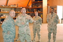 SOUTHWEST ASIA -- Vehicle maintainers from the 64th Air Expeditionary Group in Southwest Asia brief Brig. Gen. Charlie Lyon, 379th Air Expeditionary Wing commander about their mission. The Airmen are based out of Misawa Air Base, Japan. (U.S. Air Force photo by Capt. Teresa Sullivan)