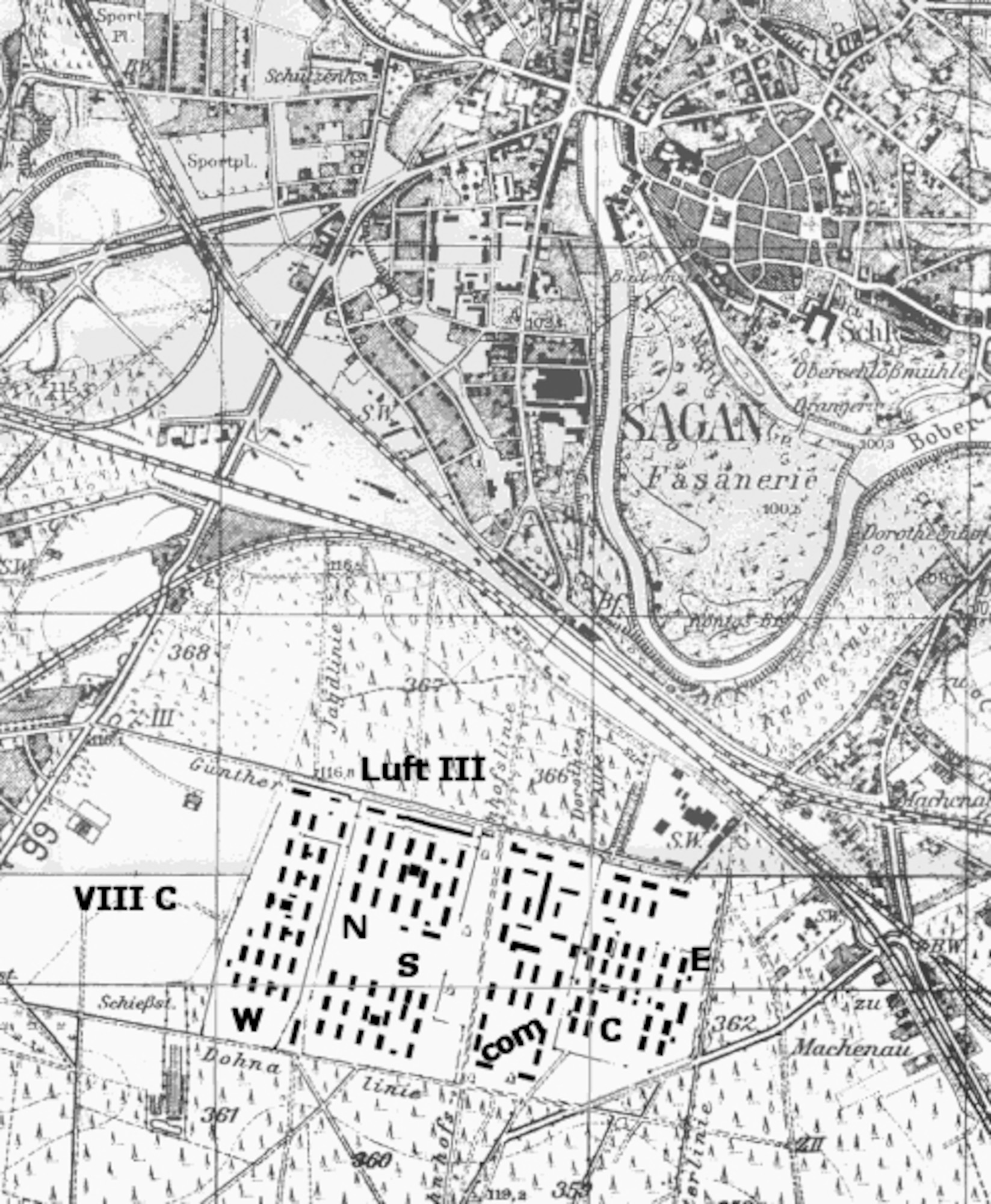 A map of the town of what used to be Sagan, Germany, now in Poland, where the Stalag Luft III prisoner of war camp held American Airmen shot down by the Germans during World War II.  The 442nd Fighter Wing public Web site will feature a series of stories about the experiences of some of these American Airmen.  The four-part series will be added to each month and will be posted in its own section on the site's home page.  (U.S. Air Force graphic)