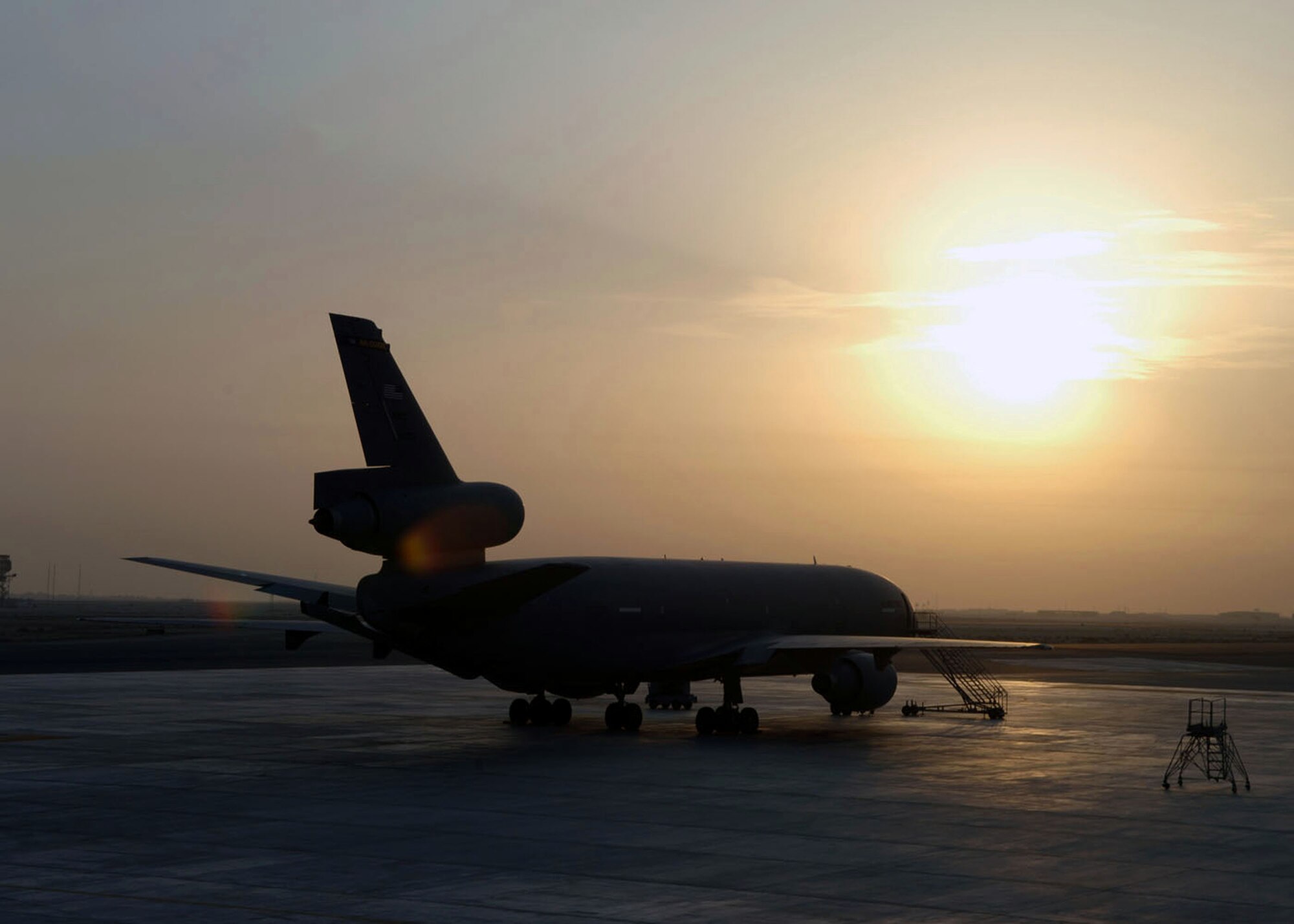 A KC-10 Extender from the 908th Expeditionary Air Refueling Squadron in Southwest Asia parks after an eight-hour sortie Aug. 12. (U.S. Air Force photo/Airman 1st Class Matt Cook)