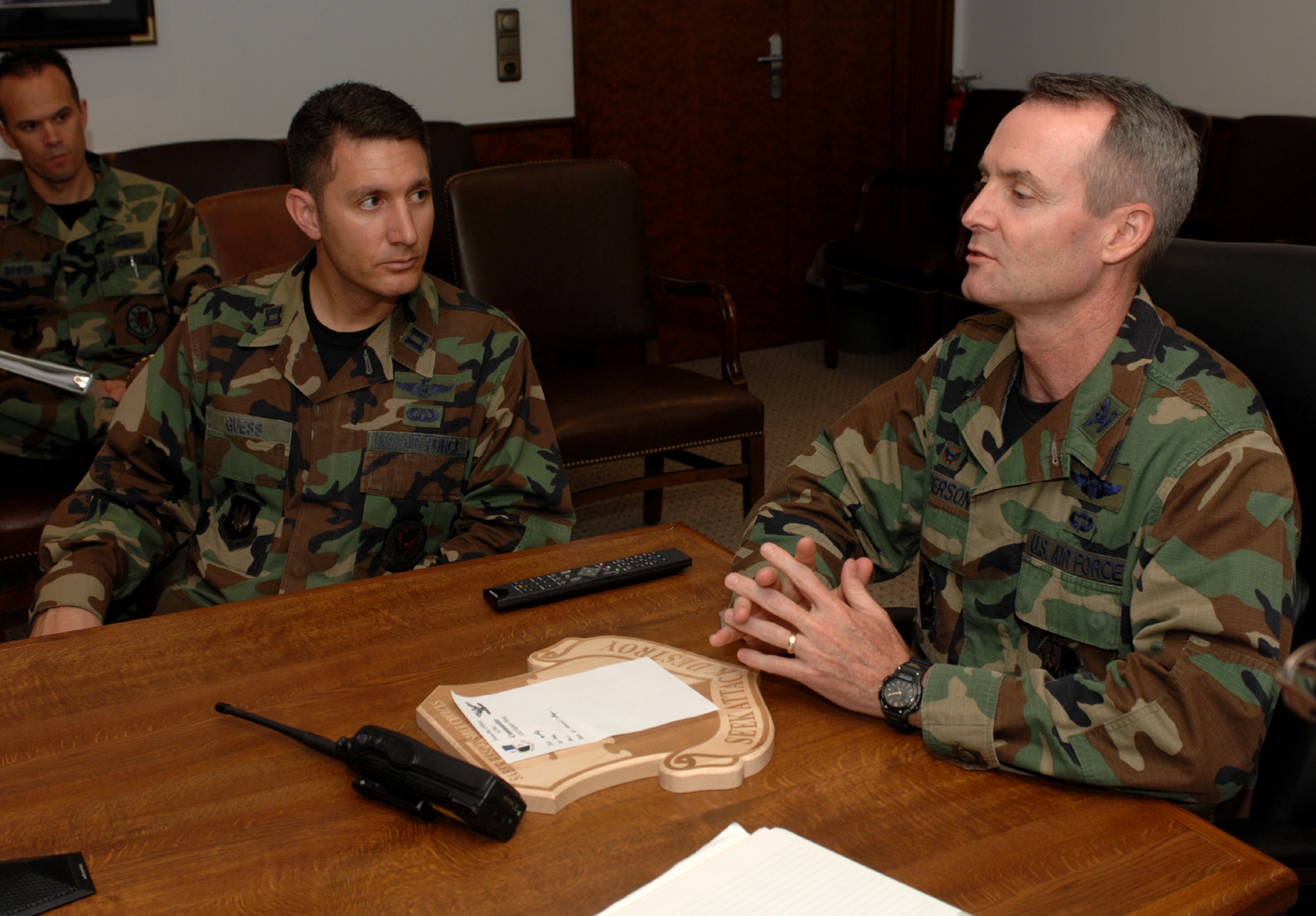 SPANGDAHLEM AIR BASE – Capt. Ryan Guess, 52nd Operations Support Squadron, sits in on a meeting with Col. Darryl Roberson, 52nd Fighter Wing commander, as he shadows the commander Aug. 15. Captain Guess an airfield operations flight commander is a native of Rolla, Miss. His personal goal is to be a loving husband and a caring father. (U.S. Air Force photo/Airman 1st Class Stephanie Clark)