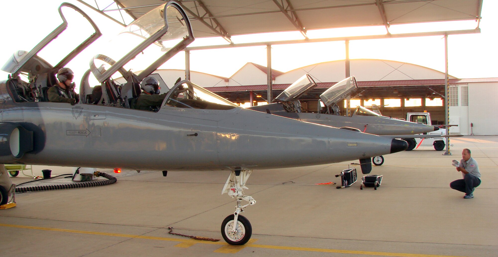 2nd Lt. Clay Bird, Introduction to Fighter Fundamentals student, and Capt. Nathan Thompson, 3rd Fighter Training Squadron flight commander, prepare to take off in an AT-38 Wednesday for the first sortie of the inaugural IFF class at Vance.  The class started Aug. 13 and will conclude in eight weeks. (Air Force photo by Capt. Tony Wickman)