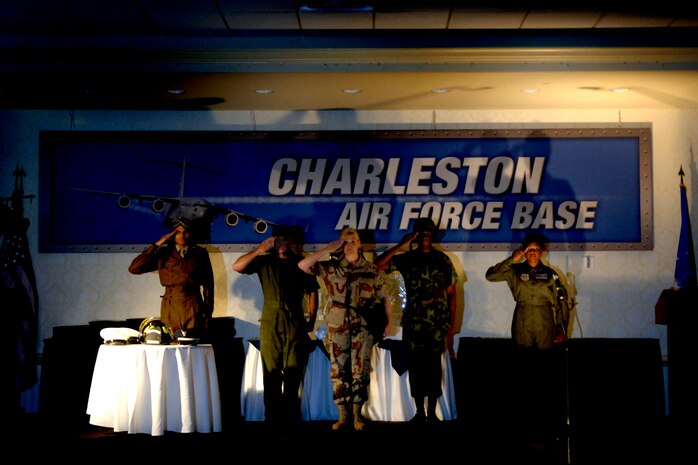 Charleston AFB's Top 3 members perform "Spirits of the Past" during the senior NCO induction ceremony Aug. 16 at the Charleston Club. "Spirits of the Past" is a historical presentation highlighting the accomplishments of NCOs from the Air Force's beginnings to today's war-fighting Airman. 