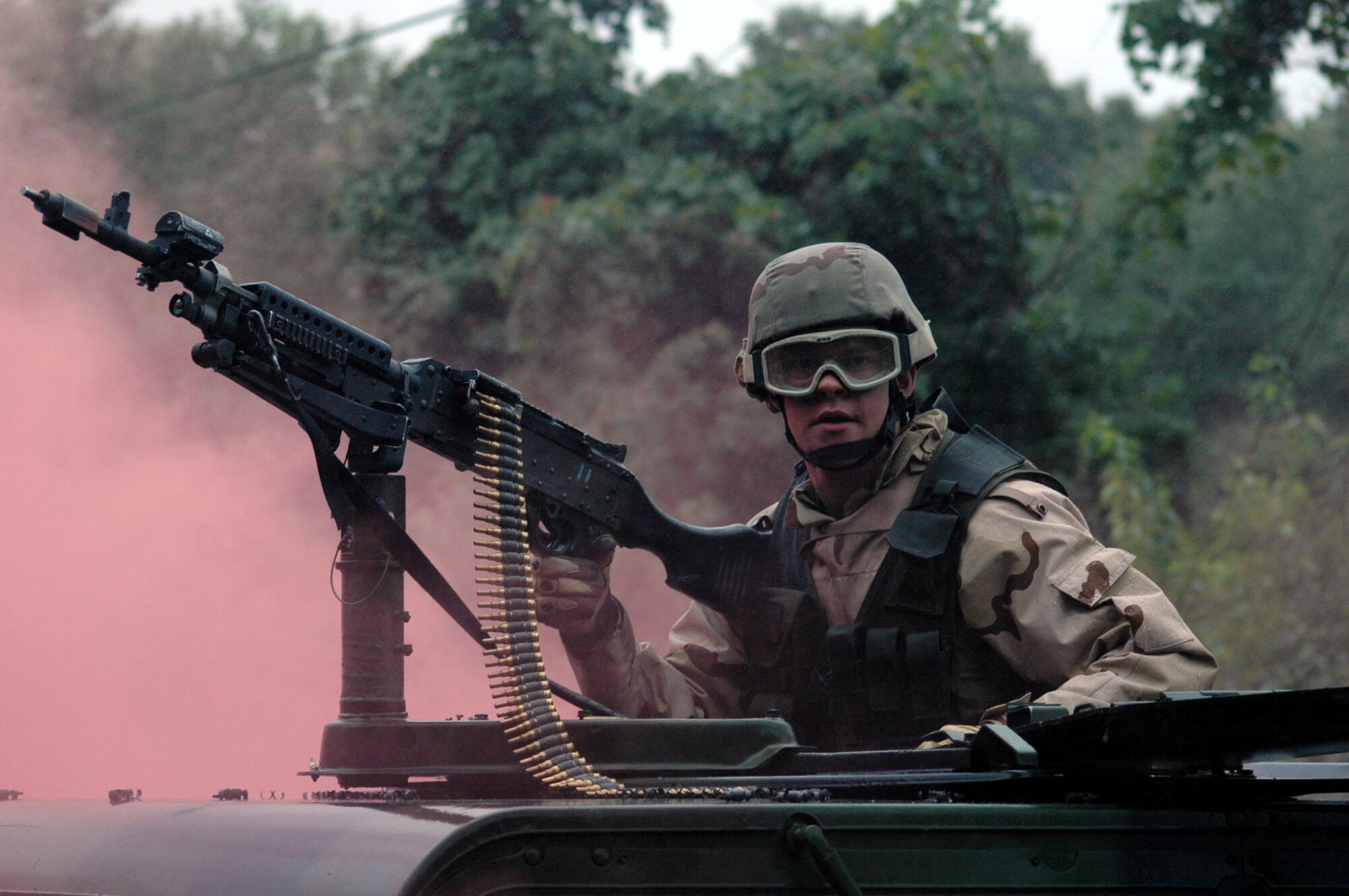A student in the Air Force Pheonix Warrior Training Course 07-6 rides in a convoy during training for the course Aug. 21, 2007, on a range at Fort Dix, N.J.  The course is taught by the U.S. Air Force Expeditionary Center's 421st Combat Training Squadron where Air Force security forces Airmen practice expeditionary combat skills.  (U.S. Air Force Photo/Tech. Sgt. Scott T. Sturkol)
