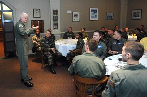 Lt. Gen. Robert "Rod" Bishop Jr., 3rd Air Force Commander, Ramstein Air Base, Germany, speaks to the Company Grade Officers Council on a variety of issues while at Charleston AFB Aug. 17. General Bishop was also visiting Charleston Air Force Base to be the guest speaker for the dedication ceremony of the child development center. (Air Force photo by James Bowman)
