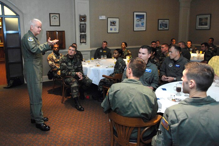 Lt. Gen. Robert "Rod" Bishop Jr., 3rd Air Force Commander, Ramstein Air Base, Germany, speaks to the Company Grade Officers Council on a variety of issues while at Charleston AFB Aug. 17. General Bishop was also visiting Charleston Air Force Base to be the guest speaker for the dedication ceremony of the child development center. (Air Force photo by James Bowman)