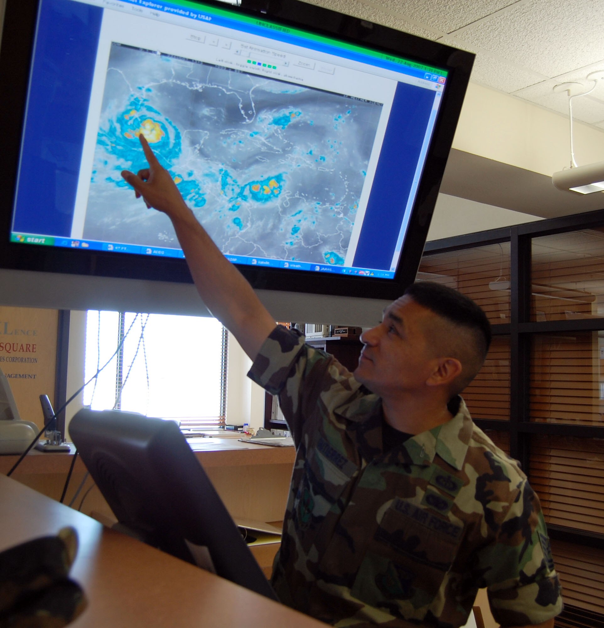 LAUGHLIN AIR FORCE BASE, Texas -- Tech Sgt. Samuel Gutierrez, 47th Mission Support Squadron, explains, "Most likely, Laughlin and its mission will not be affected by hurricane Dean." Hurricane Dean came into the Bay of Campeche August 22 as a category 1 and soon became a category 5 before making landfall in southern Mexico. Dean has kept the Weather operations on base on the edge of their seat due to predictions for the possibilities of it to hit Texas.