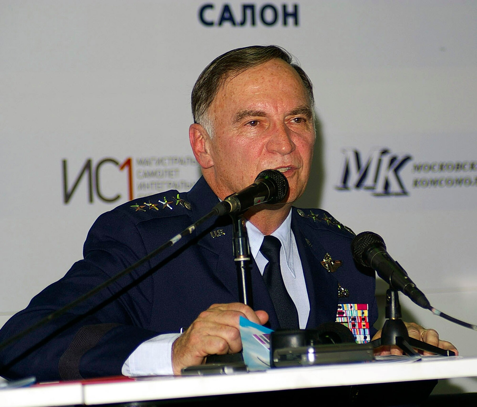 Gen. William T. Hobbins talks during a press conference during the opening day of the Moscow International Air Show Aug. 21 in Zhukovsky, Russia. The air show runs through Aug. 26 and includes Department of Defense participation of static displays and aerial flight demonstrations. General Hobbins is commander of U.S. Air Forces in Europe. About 65 Airmen from bases worldwide are participating in this year's air show. (U.S. Air Force photo/Karen Abeyasekere) 

