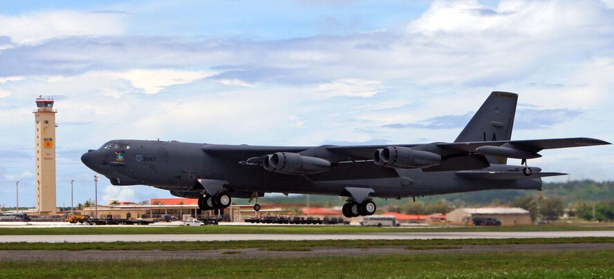 ANDERSON AIR FORCE BASE, Guam -- A B-52 Stratofortress takes off here to participate in an exercise scenario.  The aircraft, aircrew and maintenance personnel are deployed from Barksdale AFB, La., as part of the continuous bomber presence in the Pacific region. During their deployment here, the bomber squadron's participation in exercises will emphasize the U.S. bomber presence, demonstrating U.S. commitment to the Pacific region. 
(U.S. Air Force photo by Senior Master Sgt. Mahmoud Rasouliyan)