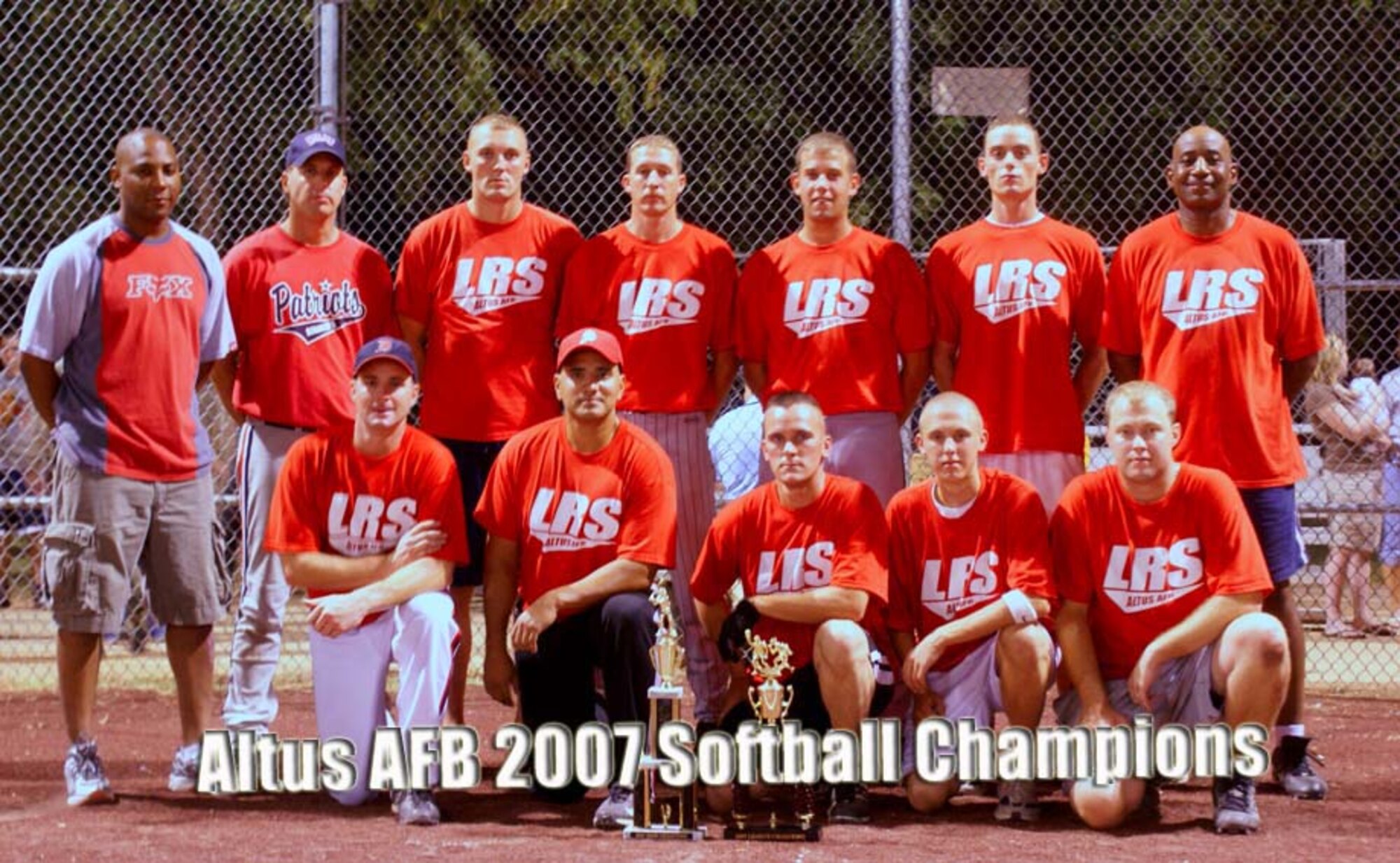 The 97th Logistics Readiness Squadron recently defeated the 97th Security Forces Squadron 14 to 4 to be crowned the 2007 Altus AFB softball champions. The 97th LRS finished the regular season 9-0 and went 3-0 in the playoffs. (Top row left to right): Capt. Bradley, Master Sgt. Peterson, Staff Sgt. Kirt Decramer, Tech. Sgt. James Weinke, Airman 1st Class Anthony Pillittier, Airman 1st Class Tyler Alder, Senior Master Sgt. Osborn Richardson. (Bottom row): Staff Sgt. Jamie Smith (coach), Maj. Daniel Jones, Staff Sgt. Randy Walgren, Airman 1st Class Joshua Gelotte, and Staff Sgt. Dale Webb. (U.S. Air Force photo/Senior Airman Joshua DeMotts)
