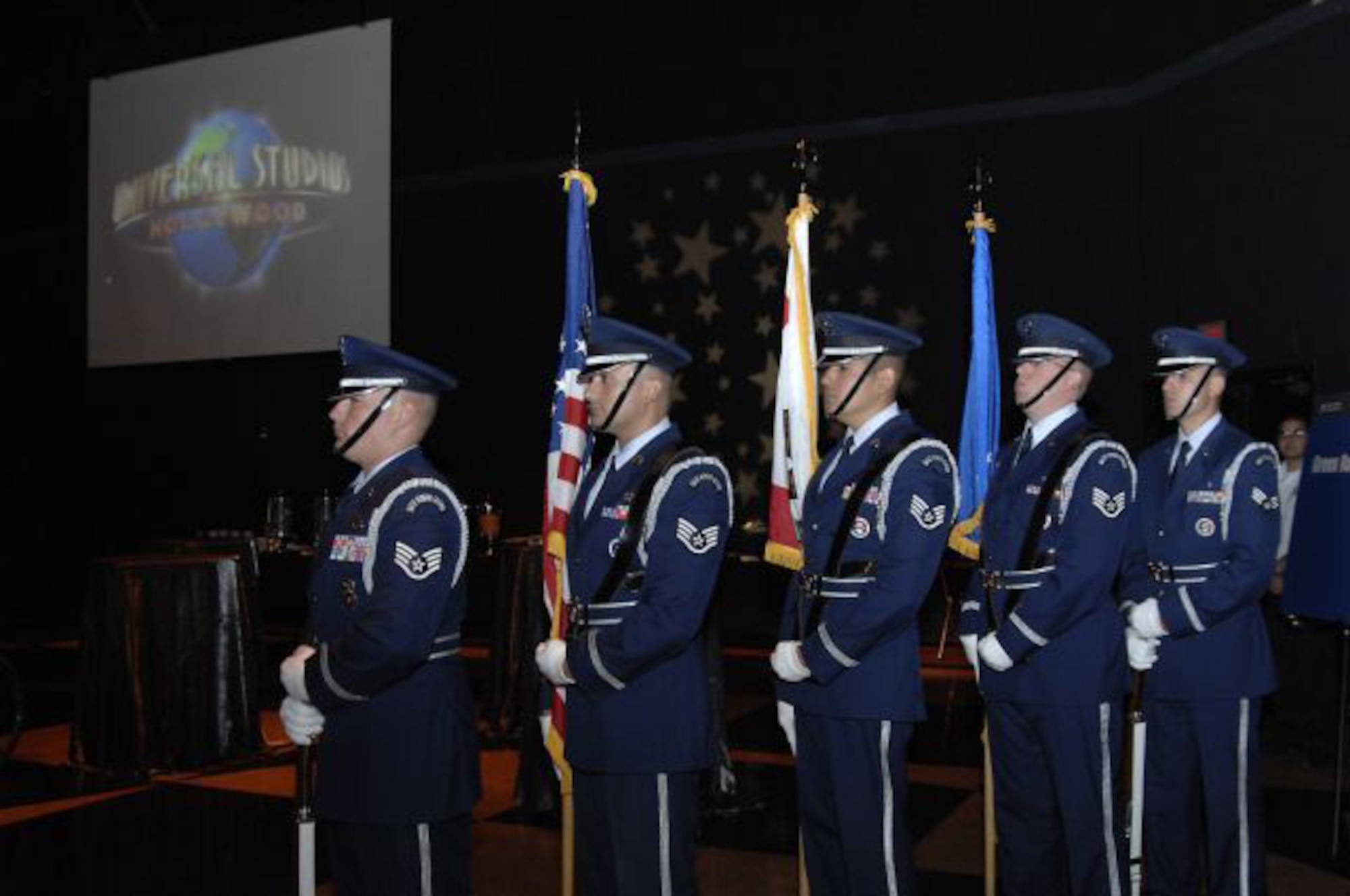 Air Force Reserve Honor Guard from March Air Reserve Base, CA. performs opening ceremonies at the ?Legends of Hollywood,? Jimmy Stewart, U. S. Postal Service stamp dedication at Universal Studios, Hollywood,  August 17, (U.S. Air Force photo/ Joe Juarez) 