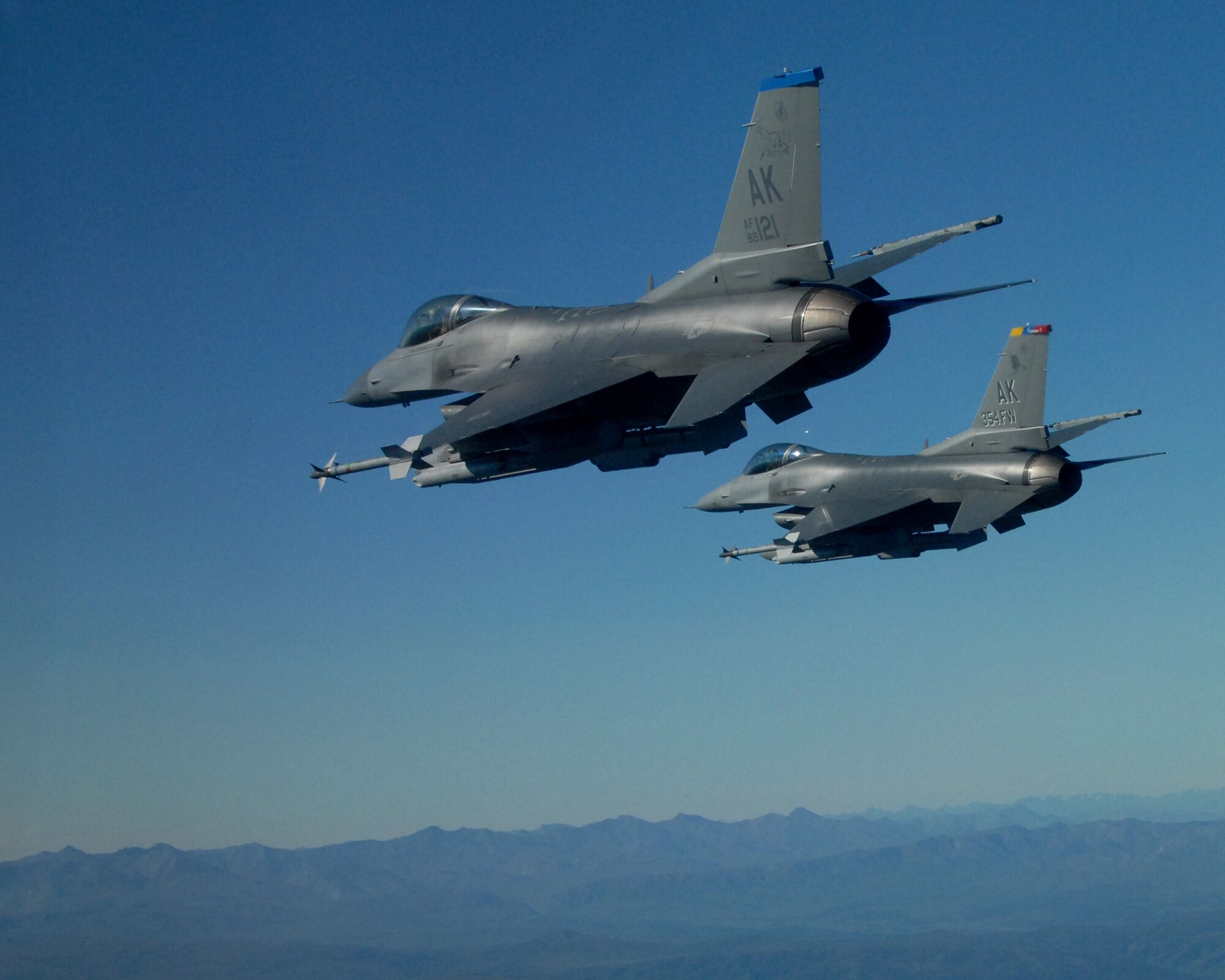 EIELSON AIR FORCE BASE, Alaska -- Brig. Gen. David Scott, 354th Fighter Wing Commander, flies in formation in a F-16 Fighting Falcon aircraft during his fini flight on Aug. 17. General Scott arrived at Eielson AFB back in Dec. 05 and will be departing in Aug. 07 to a North Atlantic Treaty Organization base in Greece as the Deputy Commander of Combined Air Operations Center. (U.S. Air Force Photo by Master Sgt Rob Wieland)