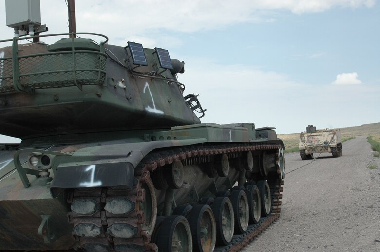 A mobile, unmanned tank was designed and set-up by range personnel to serve a target for precision bombs deployed during the Weapons System Evaluation Program.  The program, better known as ?Combat Hammer,? analyzes the bomb from the time it is built to the time it is deployed to determine how successful it might be in combat.