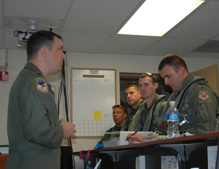 Lt. Col. Jeff Zemke, 86th Fighter Weapons Squadron Detachment 1 commander, briefs F-15 Eagle pilots from Mountain Home AFB, Idaho, prior to a Weapons System Evaluation Program mission Aug. 21.  The program, better known as ?Combat Hammer,? analyzes the bomb from the time it is built to the time it is deployed to determine how successful it might be in combat.
