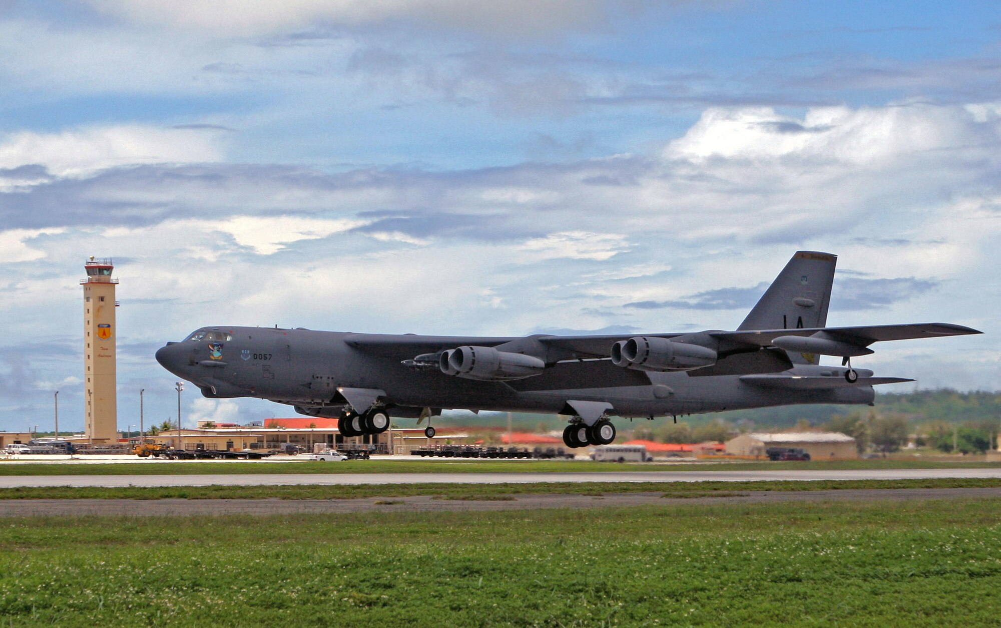 A B-52 Stratofortress takes off from Andersen Air Force Base, Guam, to participate in an exercise scenario Aug. 22. The aircraft, aircrew and maintainers are deployed from Barksdale AFB, La., as part of the continuous bomber presence in the Pacific region. During their deployment to Guam, the bomber squadron's participation in exercises will emphasize the U.S. bomber presence, demonstrating U.S. commitment to the Pacific region. (U.S. Air Force photo/Senior Master Sgt. Mahmoud Rasouliyan)
