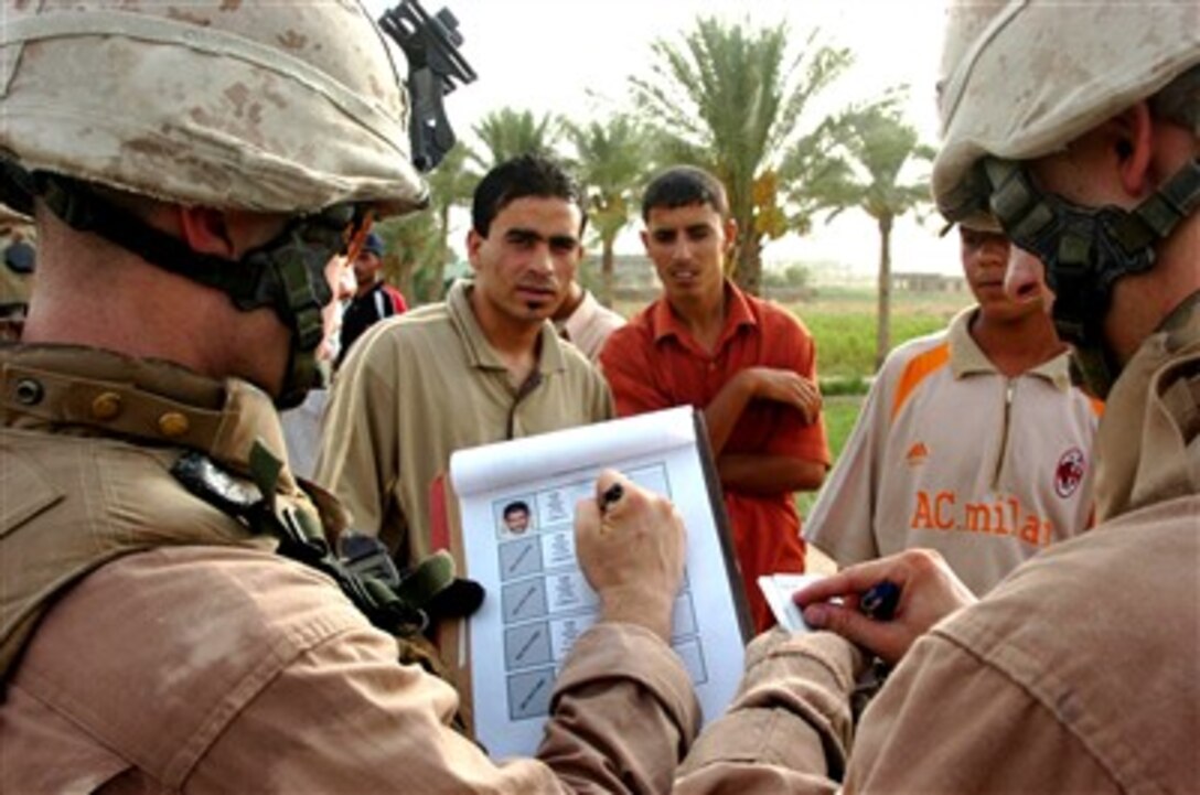 U.S. Marines from 2nd Battalion, 10th Marine Regiment, verify identification cards of Iraqi men as they patrol south of Camp Fallujah, Iraq, Aug. 17, 2007. 