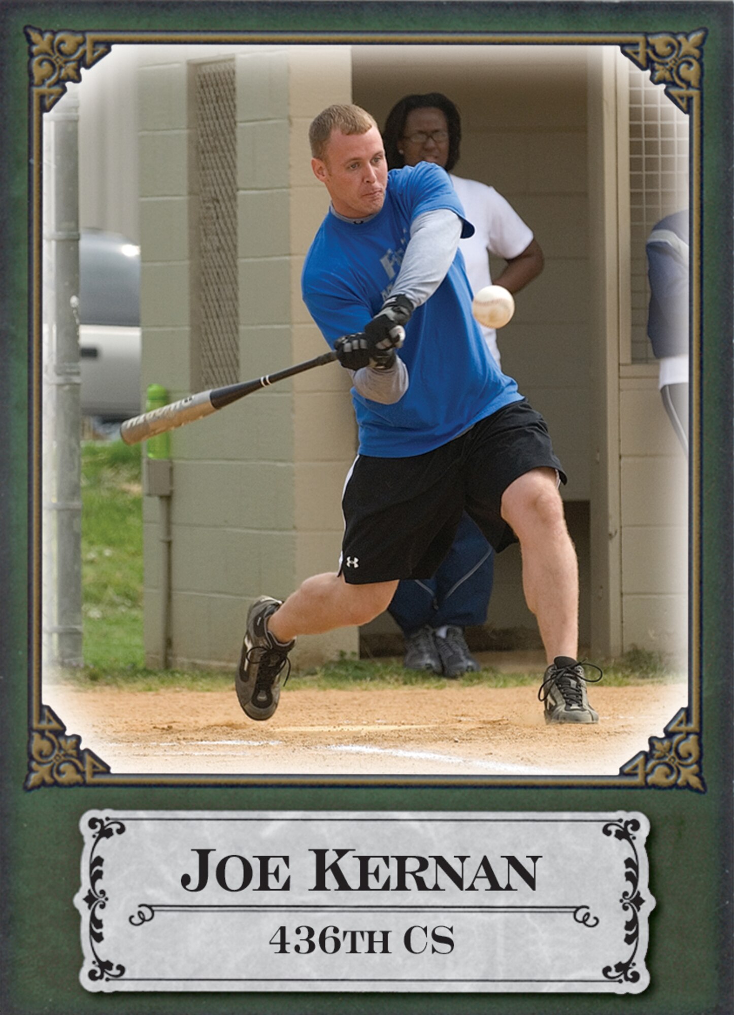 Joe Kernan, 436th Communication Squadron, swings for the fences. Kernan doubts any competitors can beat his 'Comm' team in the battle of leather n' lumber at Dover's 2007 first sergeants all-night softball tourney. (U.S. Air Force photo illustration/Tech. Sgt. Kevin Wallace and Mike Mullen)