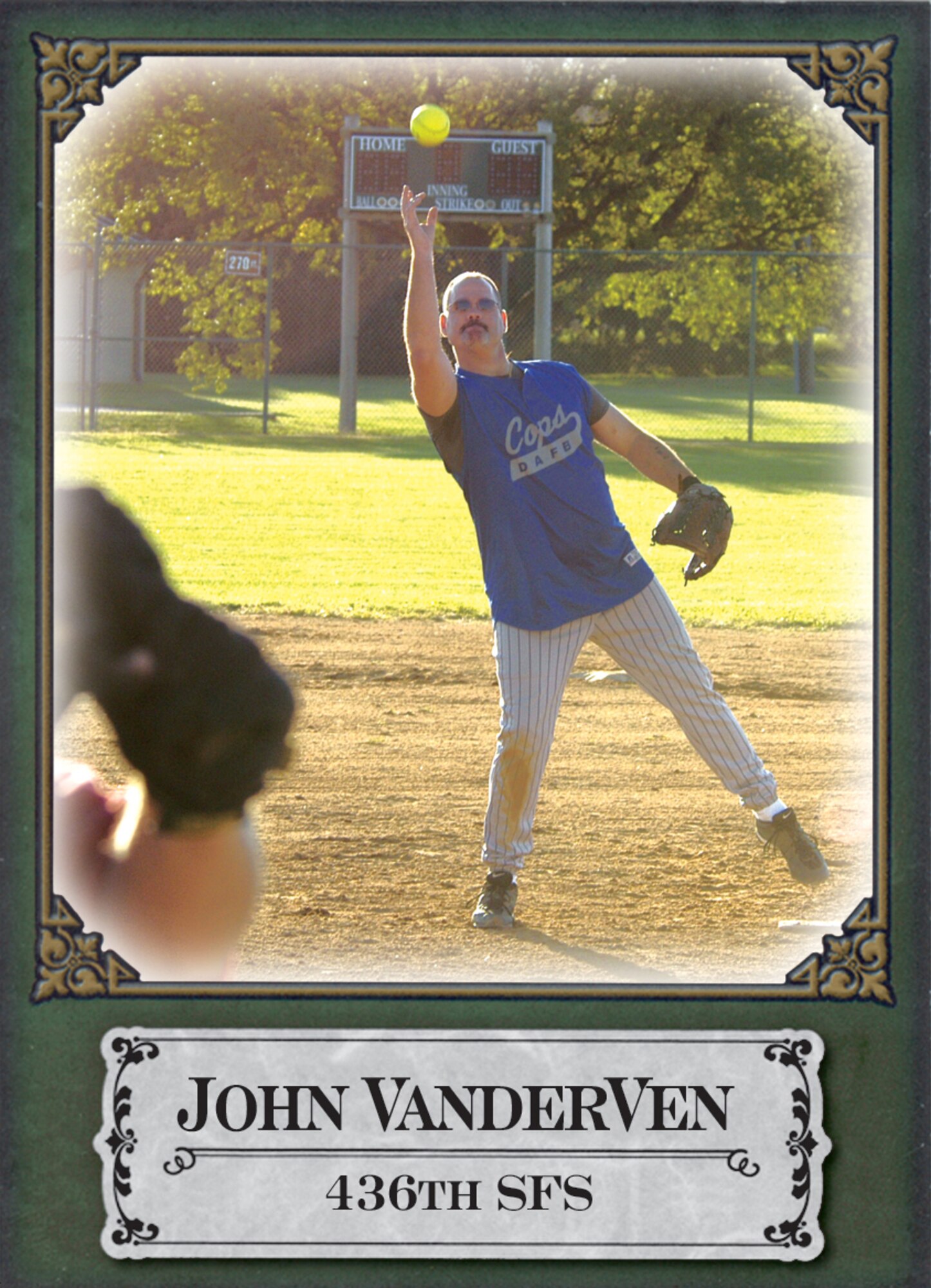 John VanderVen, 436th Security Forces Squadron, tosses a pitch. VanderVen challenges any competitors to play his 'Cops' in the 2007 first sergeants all-night softball tourney. (U.S. Air Force photo illustration/Tech. Sgt. Kevin Wallace and Mike Mullen)