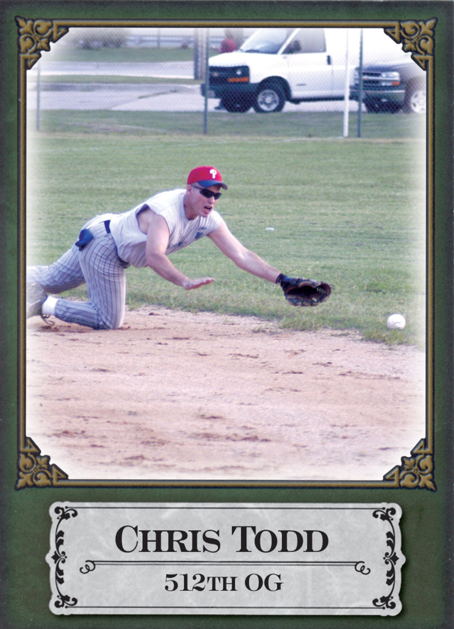 Chris Todd, 512th Operations Group, dives for catch in 2006 first sergeants all-night softball tourney. (U.S. Air Force photo illustration/Tech. Sgt. Kevin Wallace and Mike Mullen)