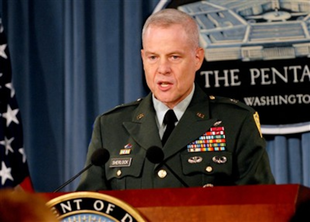 Deputy Director for Operational Planning, Joint Chiefs of Staff Brig. Gen. Richard Sherlock, U.S. Army, gives reporters in the Pentagon an operational update on Aug. 23, 2007.  