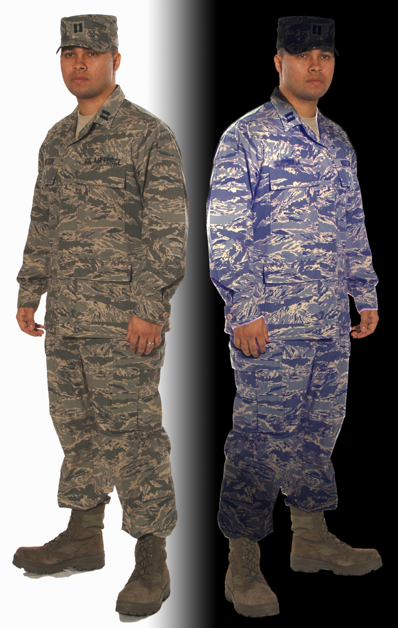 Optical brighteners in laundry detergent make the Airman Battle Uniform more detectable by night vision equipment and more visible in a low-light environment of any kind, by reflecting more of any available light  Airmen must wash the ABUs with detergent that does not contain optical brightners.  (U.S. Air Force photo illustration/Senior Airman Stephen Cadette)