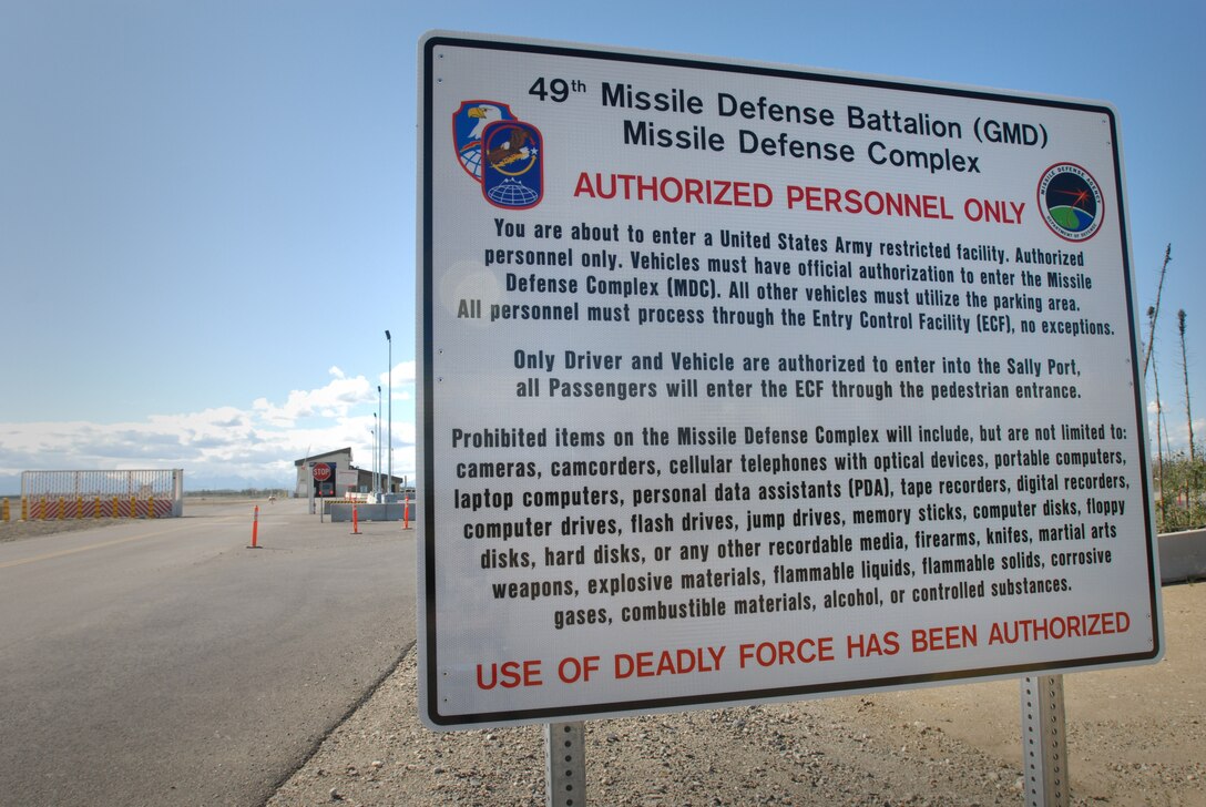 This sign serves as signal to the single entry and exit to the Missile Defense Complex at Fort Greely, Alaska, a remote post about 100 miles southeast of Fairbanks. The Alaska Army National Guard’s 49th Missile Defense Battalion serves there as the front line of U.S. missile defense. Photo by Fred W. Baker III