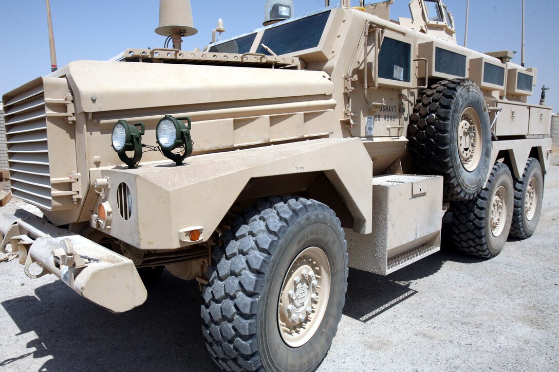 AL TAQADDUM, Iraq (August 24, 2007) ?   A Level II Mine Resistant Ambush Protected vehicle sits outside of an engineer compound here. Taqaddum is one of the final destinations of the MRAPs from the assembly line to forward deployed servicemembers.  The arrival of the vehicles is part of a push by Defense Secretary Robert Gates to have them delivered to servicemembers as quickly as possible because of the superior amount of protection provided by its V-shaped hull and integrated armor.