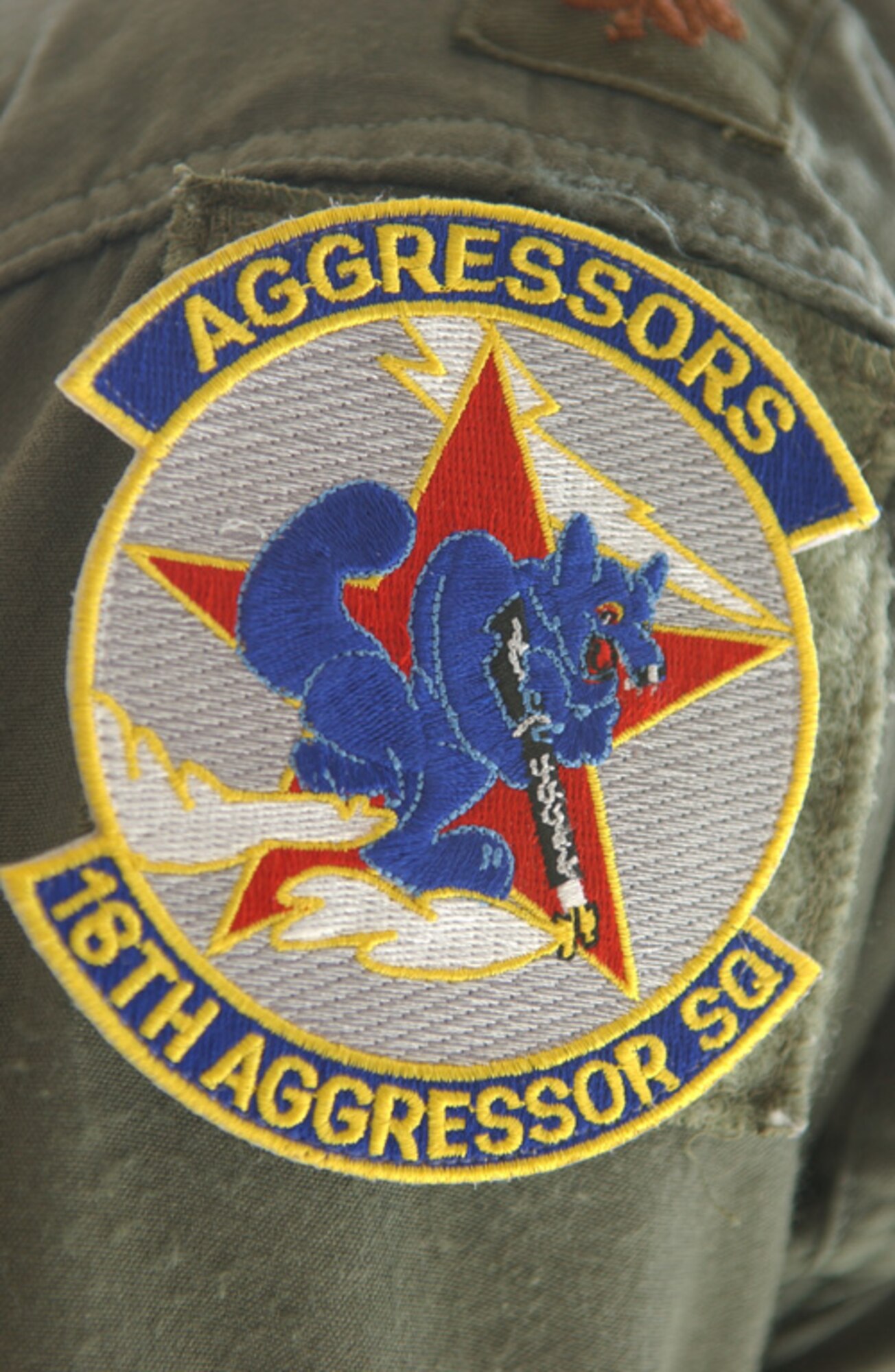 EIELSON AIR FORCE BASE, Alaska -- A pilot wears the new official 18th Aggressor Squadron patch Aug. 24 at the Load Barn. The 18th Aggressor Squadron officially activated during the assumption of command. (U.S. Air Force Photo by Airman 1st Class Jonathan Snyder)