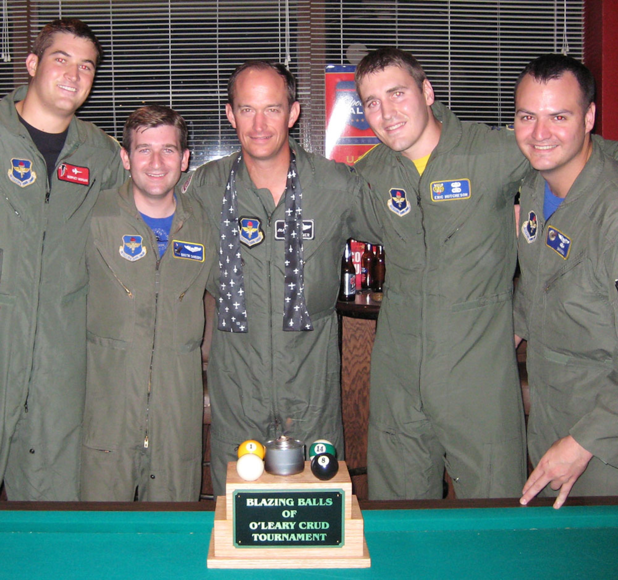 The Blazing Balls of O'Leary trophy was up for grabs at the Specialized Undergraduate Pilot Training 07-14 Assignment Night and Crud Tournament Friday. Members of the winning team include 2nd Lt. Murphey Morgan, 50th Flying Training Squadron, 1st Lt. Dustin Sanders, 14th Operations Support Squadron, Capt Eric Hutcheson, SUPT Class 08-09, and Capt. Matthew Edwards, 14th OSS. The winning team is seen here with Col. Dave Gerber, 14th Flying Training Wing commander. (U.S. Air Force Photo by 2nd Lt. Craig Rasley)